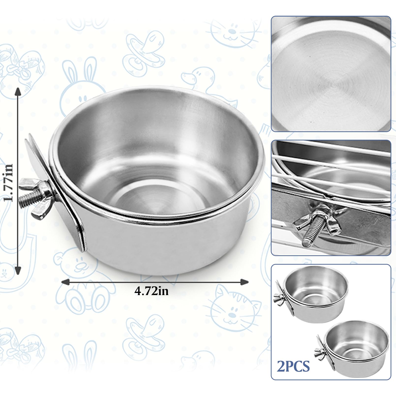 PINVNBY Parrot Feeding Cups Birds Food Dish Stainless Steel Parrot Feeders Water Cage Bowls with Clamp Holder for Cockatiel Conure Parakeet Macaw Small Animal (2PCS, Size: M) - image 2