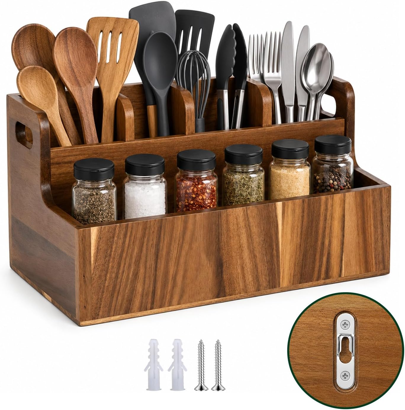 YESGIRL Acacia Wood Kitchen Utensil Holder For Counter Or Wall Surface