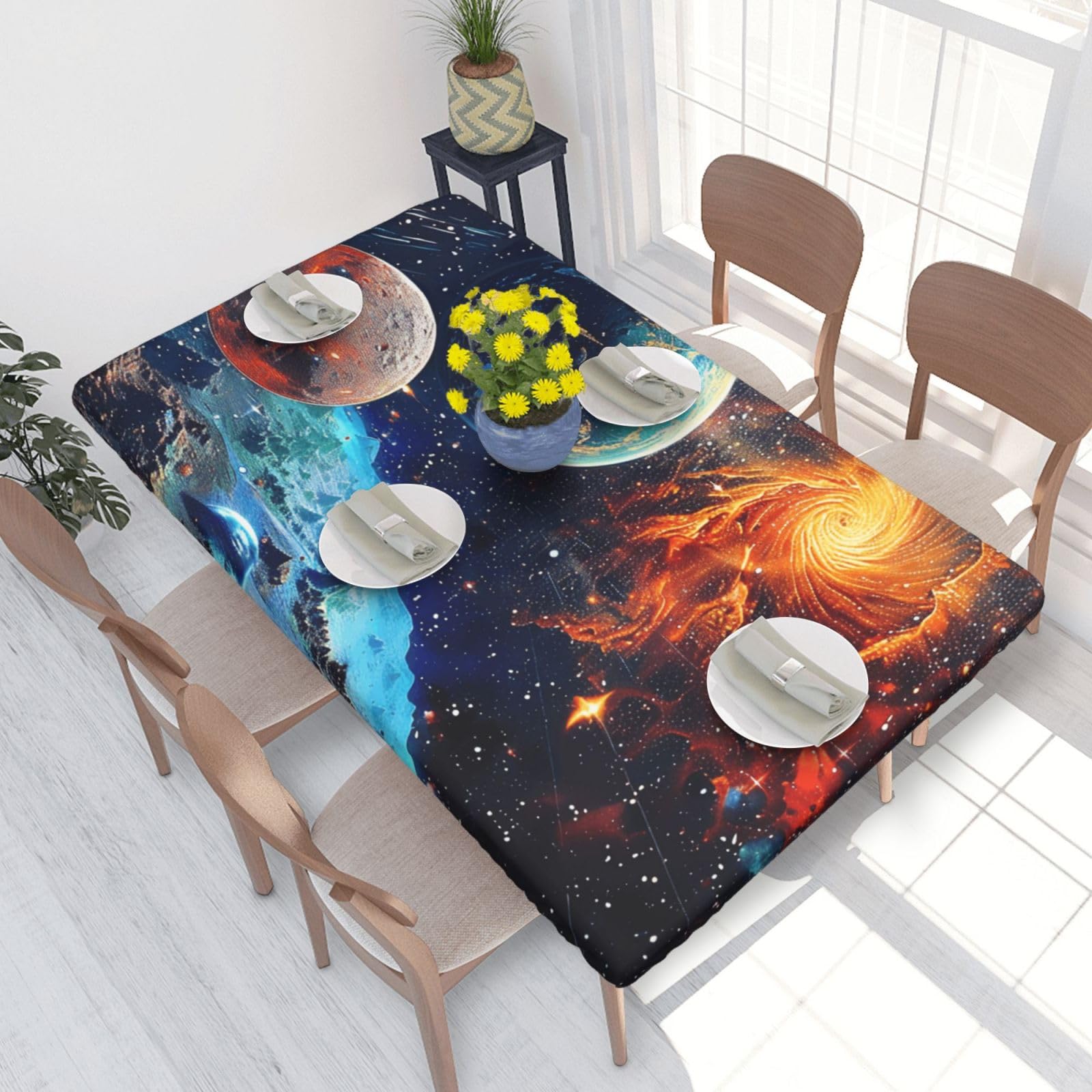 DCARSETCV Space Planets Printed 4FT Waterproof Tablecloth with Elastic Edged Protect & Decor Your Table, Oil-proof Washable Table Cloth Cover for Dinner Picnic Party