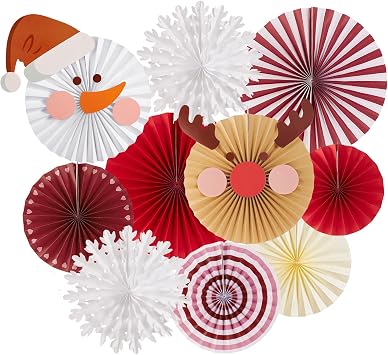 SUNBEAUTY 12Pcs Christmas Party Decorations Christmas Classroom Decorations Hanging Paper Fans with Reindeer Snowman for Xmas Holiday Ceilings Wall Decor Winter New Year