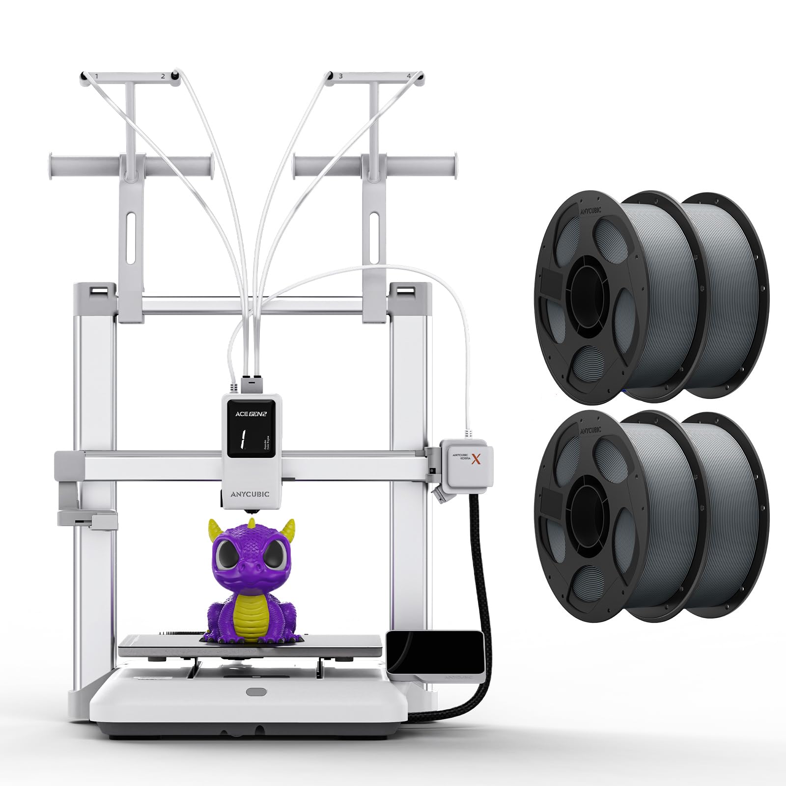 Anycubic Kobra X Multicolore Stampante 3D + PLA Filamento Grigio 4KG, Stampa a 4 Colori, Velocità Elevata di 600 mm/s, Fotocamera Integrata e Rilevamento Tramite AI