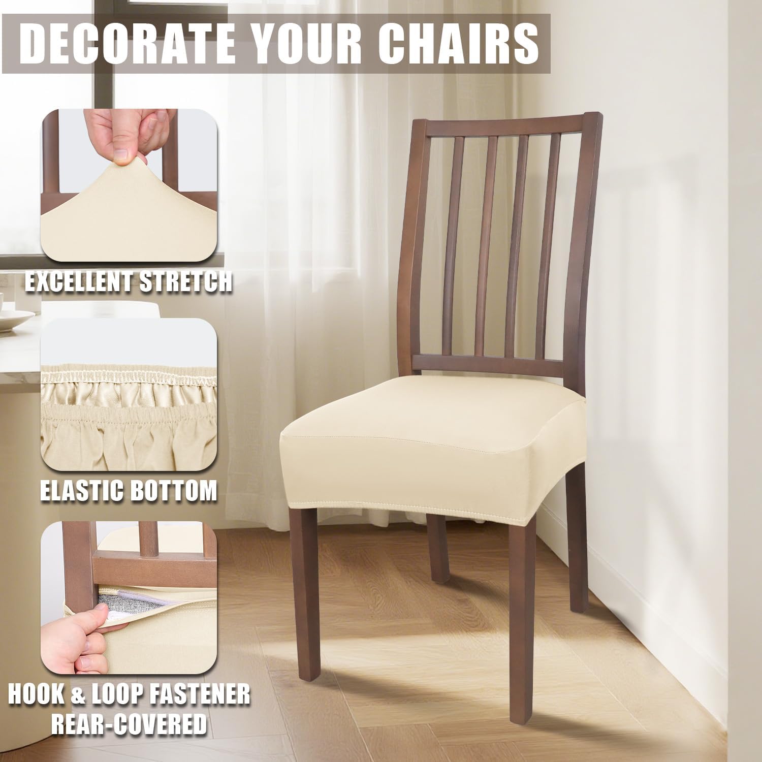 JQinHome Waterproof Dining Chair Seat Covers Set of 6 | Soft Removable Washable Chair Covers for Dining Room,Rear Gap Hook-and-Loop| Elastic Non-Slip, Full Rear Coverage | Beige