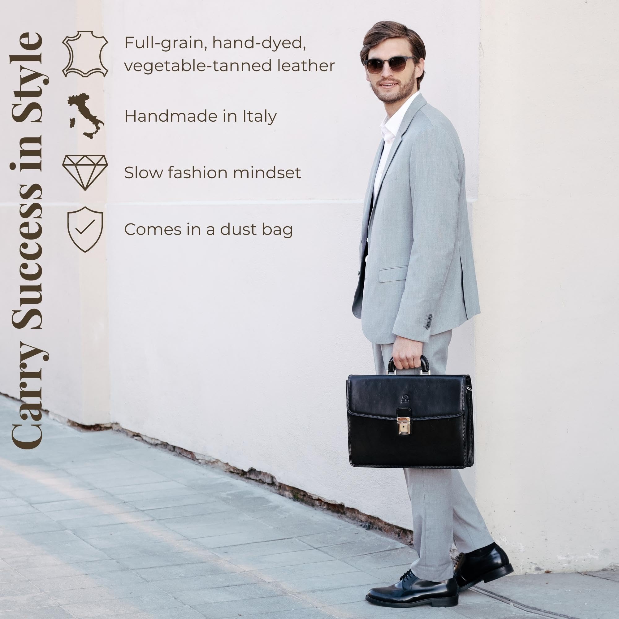 Time Resistance Leather Briefcase - Italian Handmade Leather Laptop Bag - Handbag for Men - Professional Computer Case (Black)