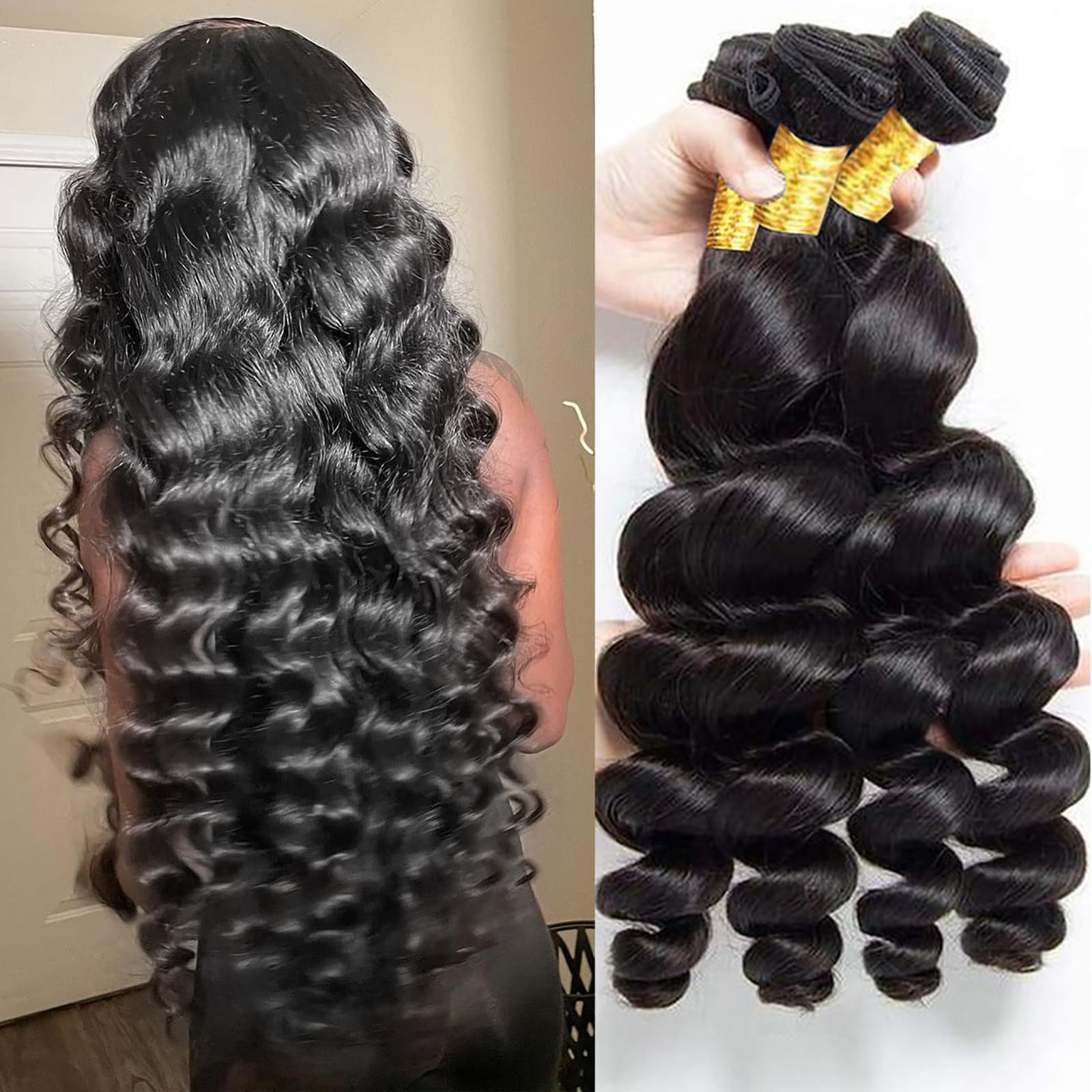 Loose Wave 4 Bundles Human Hair 16 18 20 22 Inch 12A Brazilian Virgin Curly Bundles Human Hair 100% Unprocessed Deep Wave Bundles Human Hair for Women Natural Black Color Hair Extension