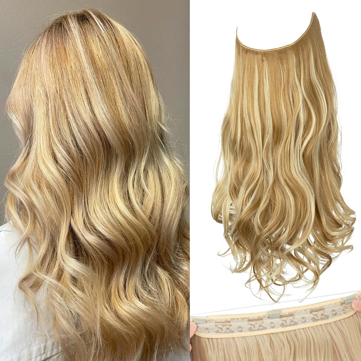 SARLA Invisible Wire Hair Extensions with 3 Clips Long Synthetic Wavy Curly Hairpiece Adjustable Transparent Headband for Women 18 Inch Honey Blonde/Bleach Blonde Highlights 16 Inch (Pack of 1) Honey Blonde / Bleach Blonde