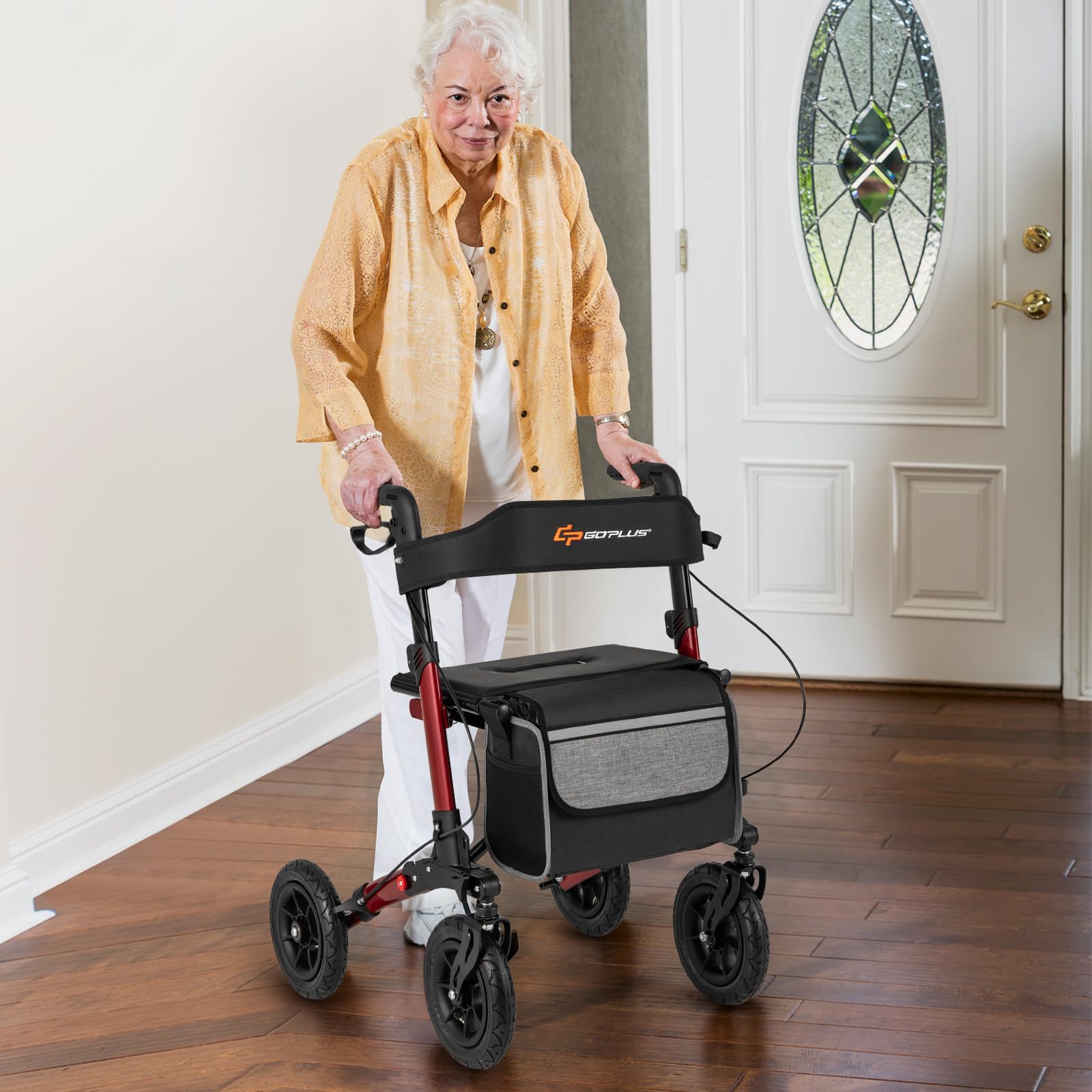 GOPLUS Andador para Ancianos de 4 Ruedas, Andadores Ancianos con Freno, Altura Ajustable, Respaldo Ergonómico, Ayuda para Caminar, Almacenaje para Personas Mayores, Carga de 140 kg (Rojo)