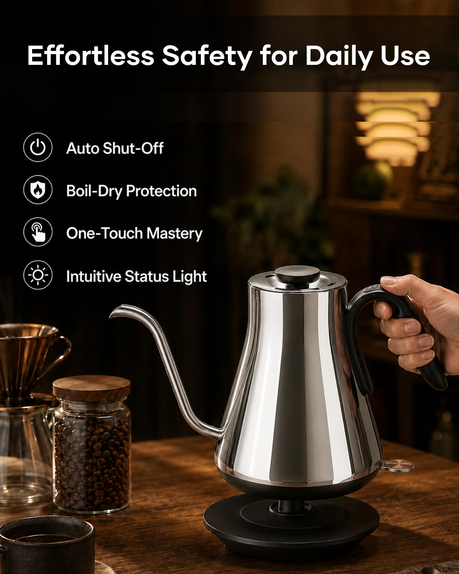 Cocinare Hervidor eléctrico de cuello de cisne de 0,8 l, 1440 W, boquilla de flujo de precisión de ebullición rápida para verter café y té, interior de acero inoxidable 304 sin BPA, apagado automático