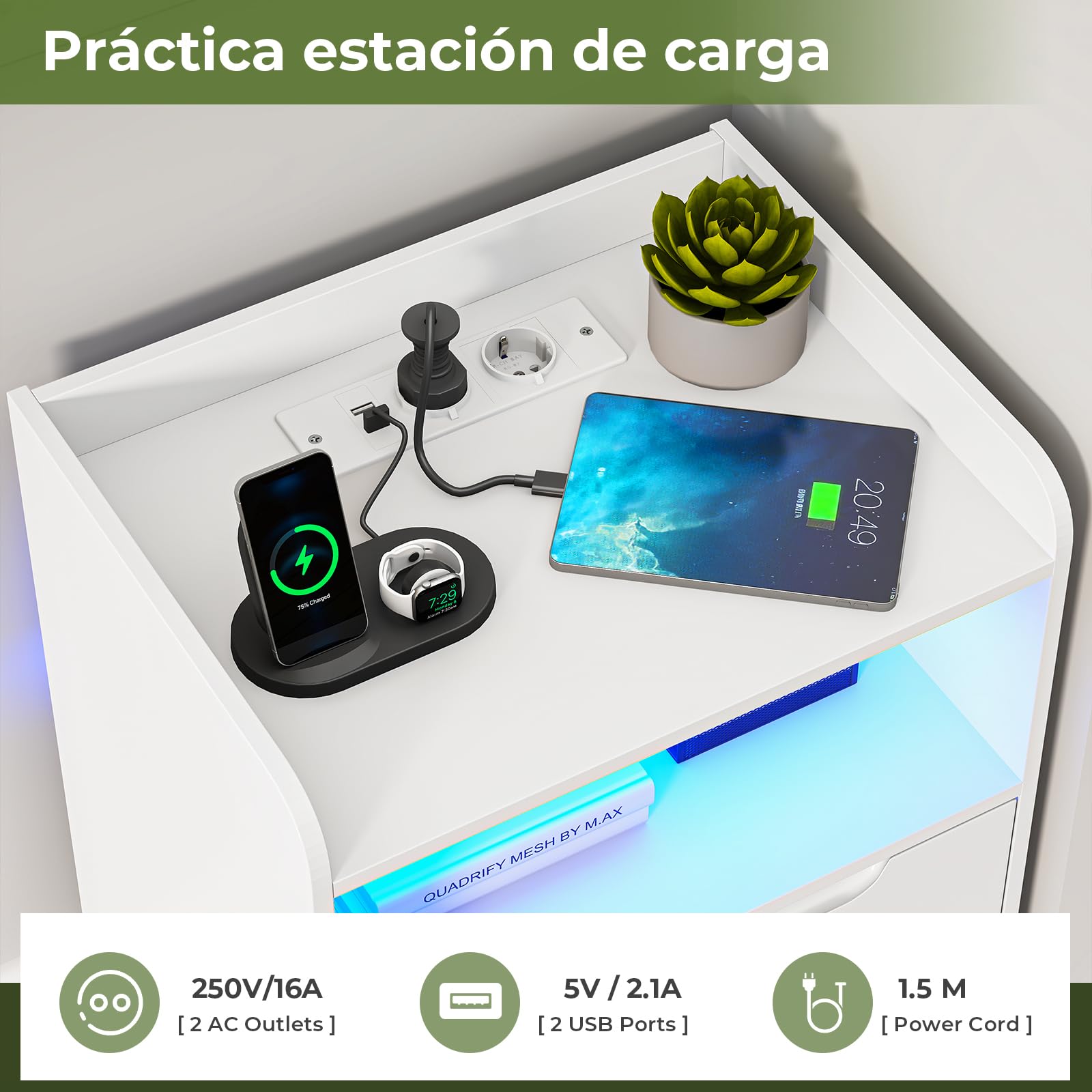 Brinlawb Juego de 2 Mesitas de Noche con luces LED y Estación de Carga (2 Tomas AC, 2 Puertos USB) Mesita de Noche Blanca Mesas Auxiliares con 1 compartimento abierto y 2 cajones para Dormitorio Salón