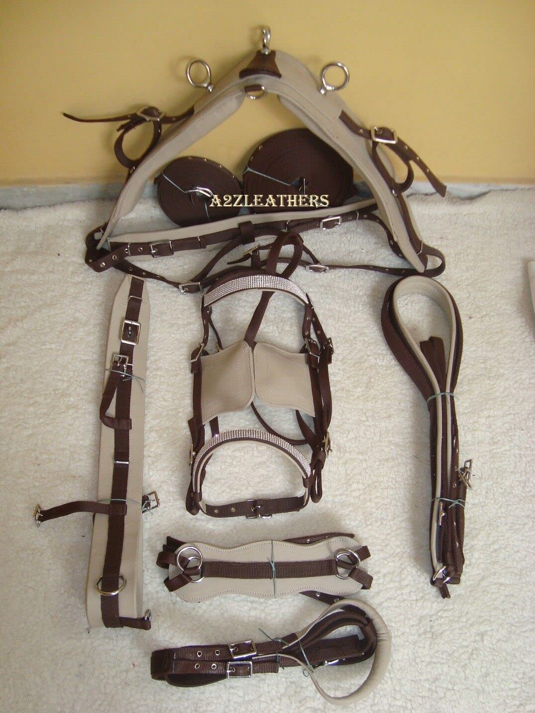 Harnais en nylon synthétique beige/marron conduisant le cheval pour le cheval simple (PONY)