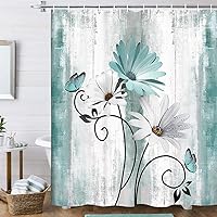 VeiVian Rustic Farmhouse Teal Daisy Floral Shower Curtain with Butterflies & Hooks - Waterproof 70x70 Bathroom Decor