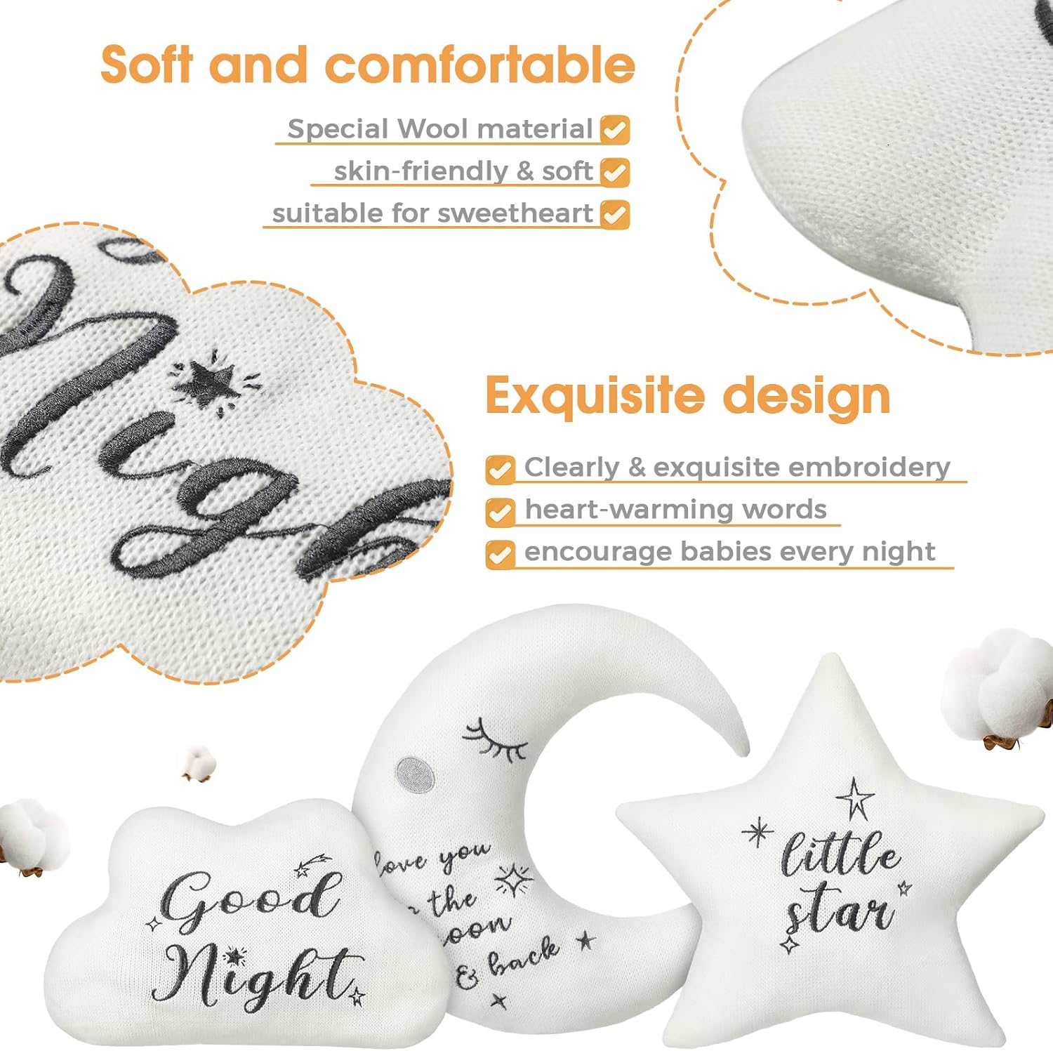 Briwooody 3 Pcs Moon Star Cloud Nursery Pillow Cute Cloud Shaped Pillow Decorative Stuffed Soft Fluffy Moon and Stars Nursery Decor for Bedroom Party Supplies