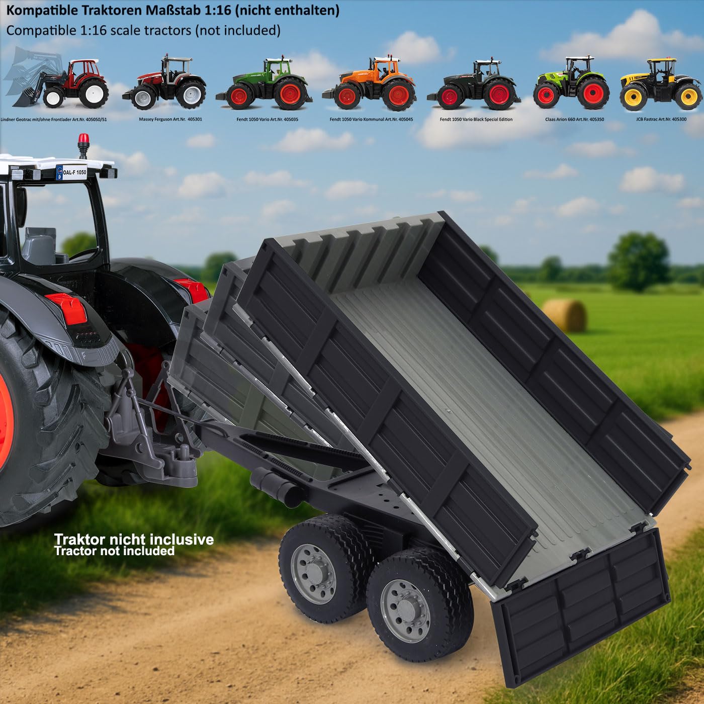 JAMARA 423282 wywrotka czarna do traktora RC 1:16 - akcesoria rolnicze, dodatek, wtyczka RC, pomysł na prezent dla dzieci, powierzchnia ładunkowa ręczna w górę/w dół, wytrzymałe tworzywo sztuczne