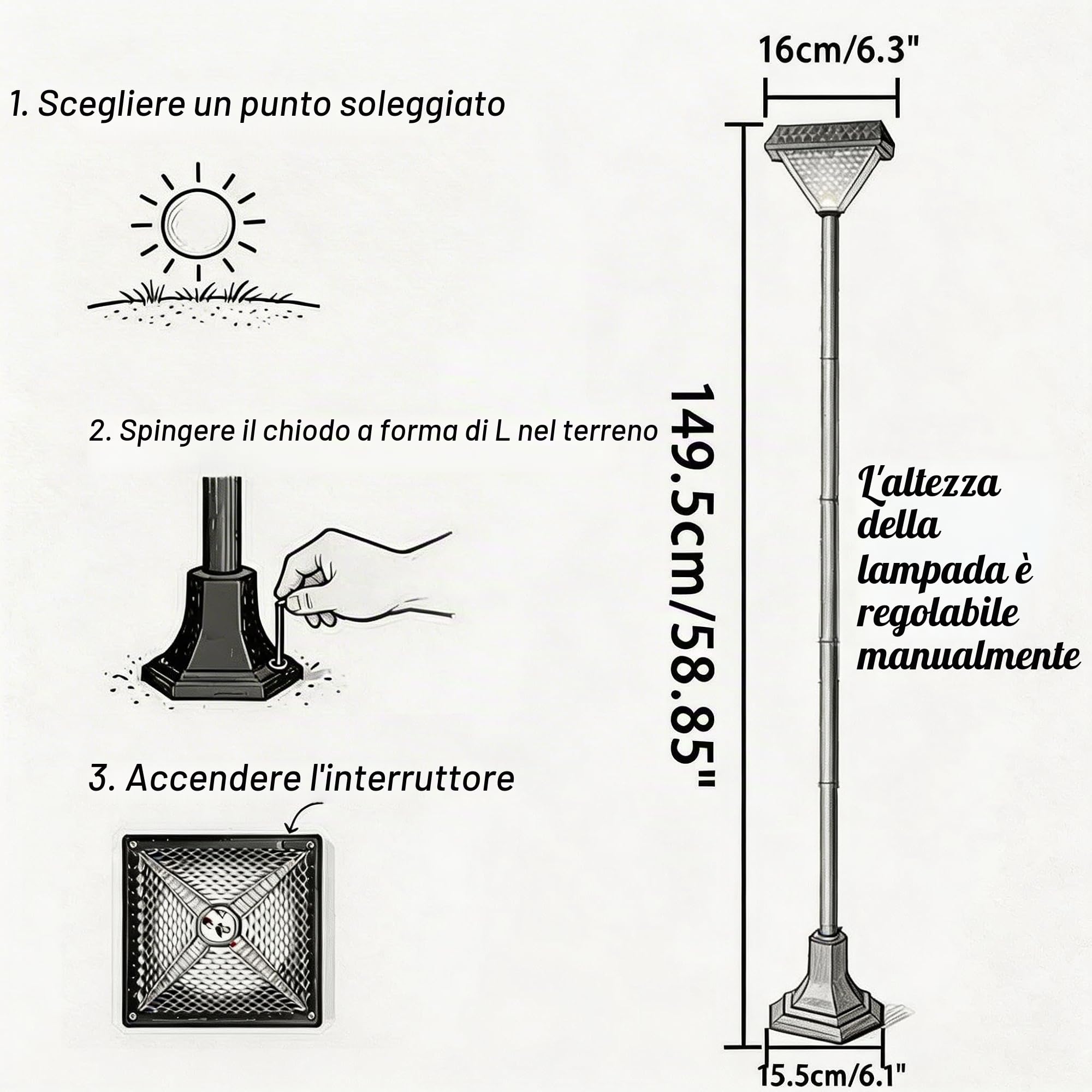 Lampione Solare Esterno 150cm, Luce Calda Giardino IP44, Nero