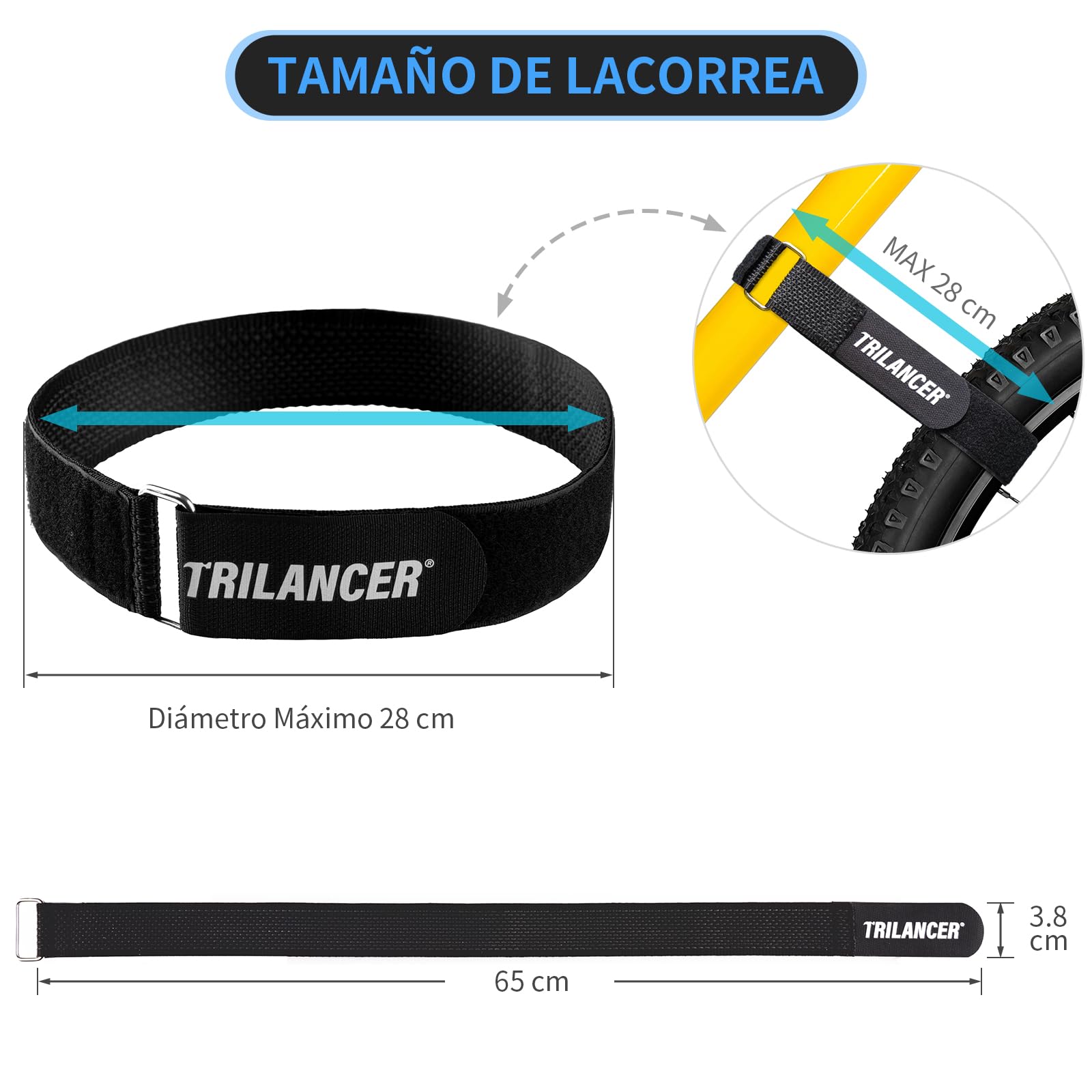 Trilancer Conjunto de 4 Correas de Sujeción Ajustables para Bicicleta, Esenciales para Transporte y Almacenamiento, Incluye Ganchos y Presillas, Soporte de Auto y Pared(65 cm x 3,8 cm)