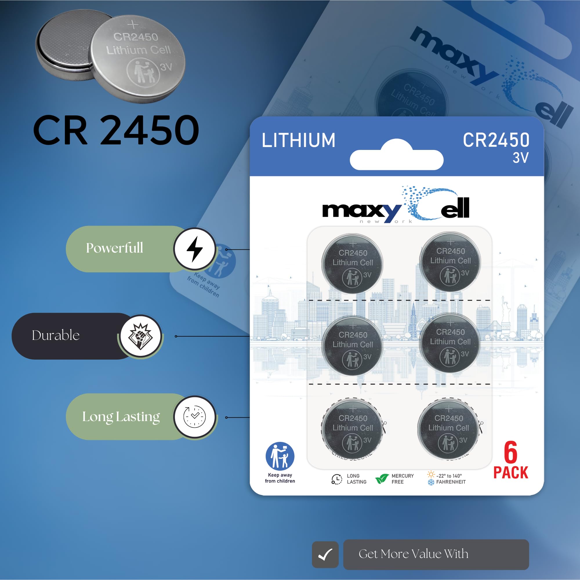 2450 CR2450 - Batteria a bottone al litio, 3 V, ad alta capacità, lunga durata, affidabile per orologi, portachiavi, fitness tracker, dispositivi medici, termometri, design a prova di perdite