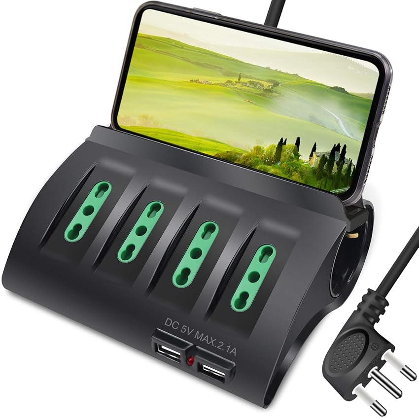 Immagine del prodotto Extrastar Multipresa da Scrivania/Tavolo con 2 Presa USB,Presa con interruttore automatico di protezione 16A,Nero,3500W,6 Prese (4 ITA/Schuko）,2M