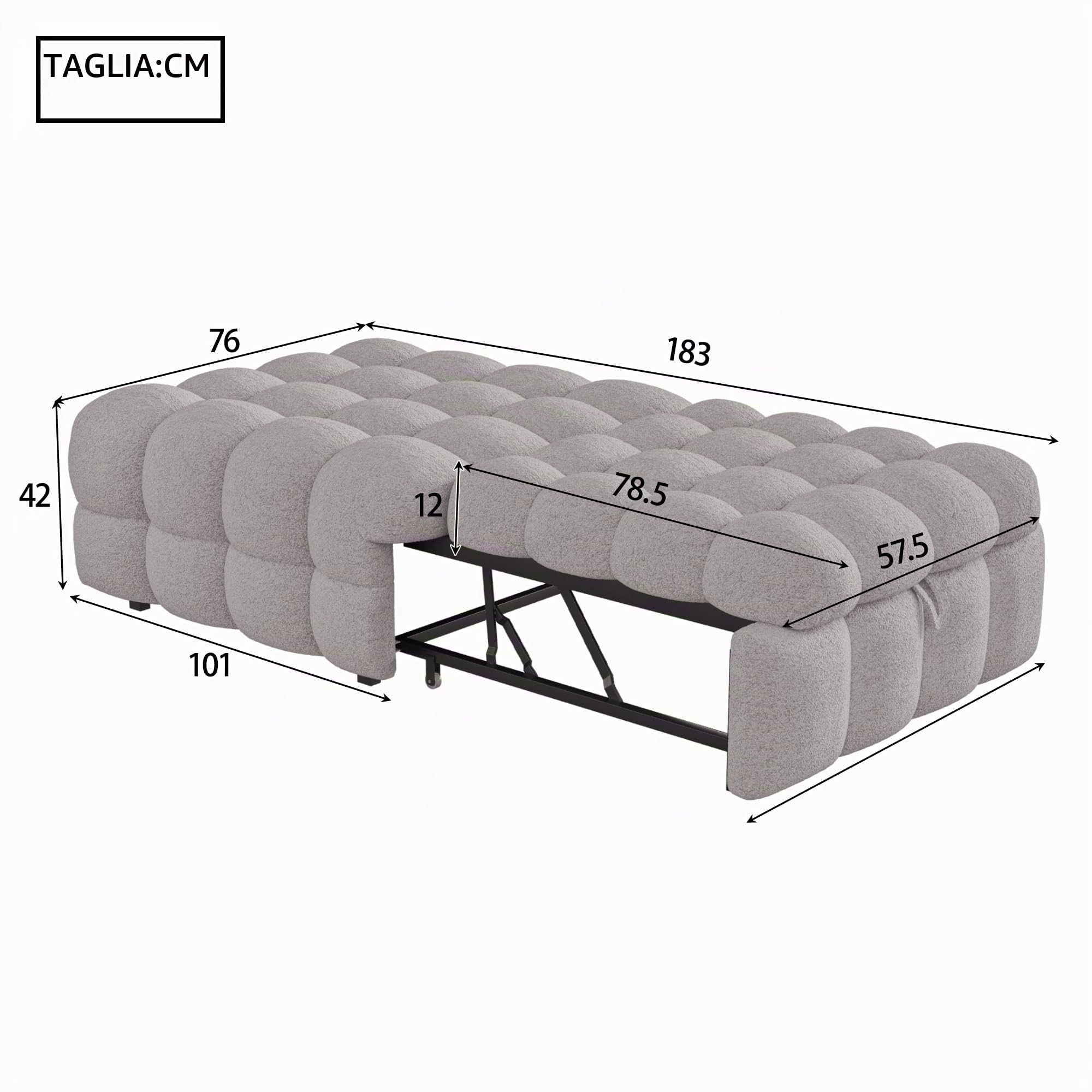 Letto imbottito, poggiapiedi 2 in 1, divano letto, letto singolo, letto gonfiabile, tessuto in peluche, grigio