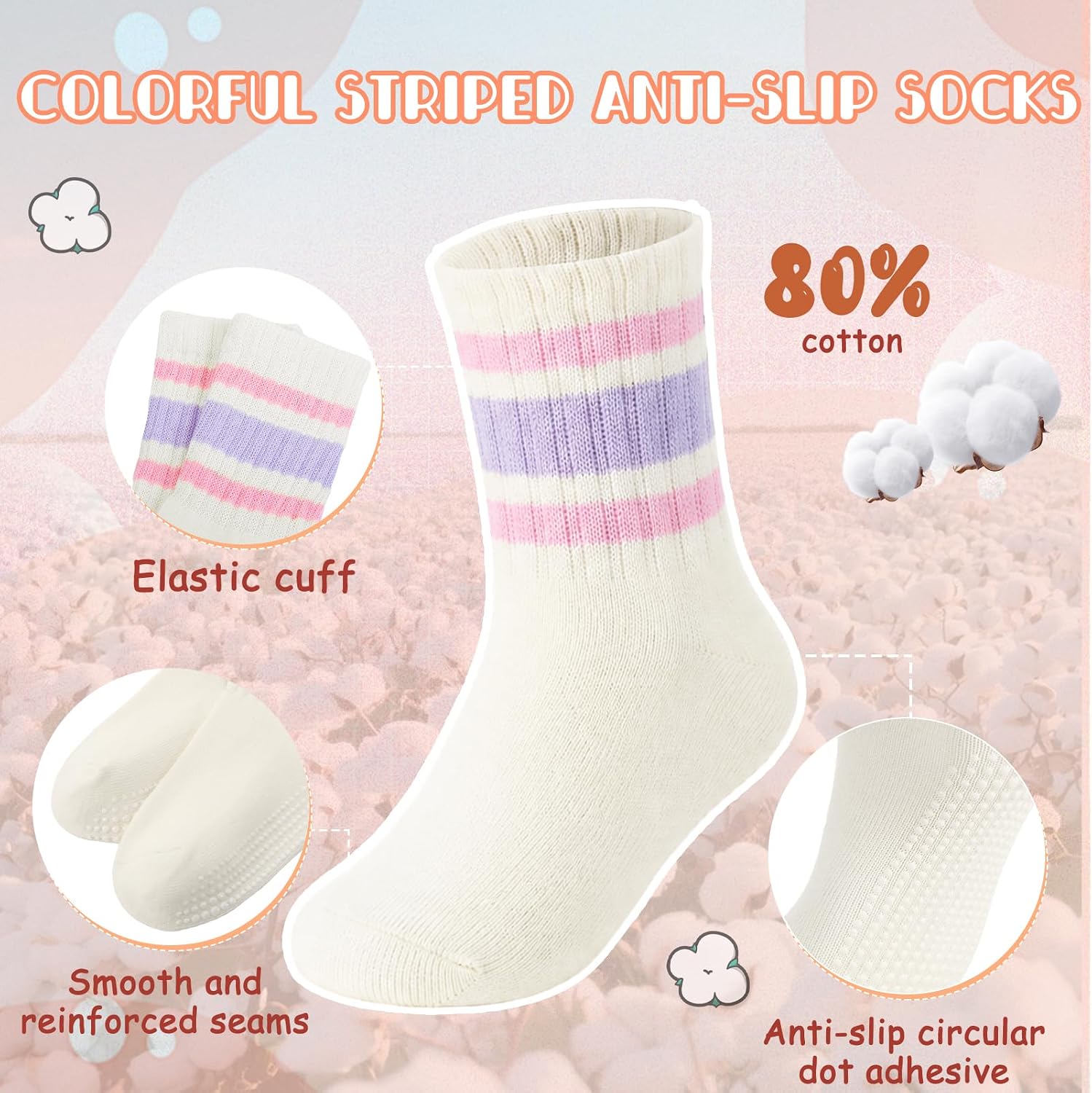 6 Pairs Toddler Grip Socks with Stripe Heart Cotton Crew Socks for 1-5 Years