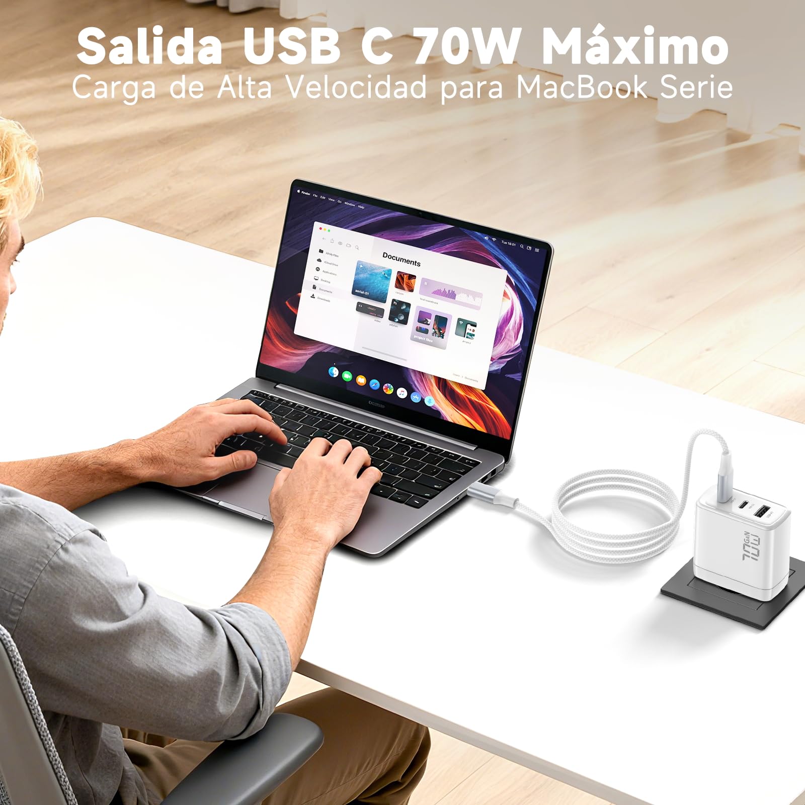 Cargador USB C 70W, Carga Ultra Rápida 3 Puertos PD3.0 PPS GAN II | con Cable Trenzado 2M, Compatible para MacBook Pro/Air, para iPhone 17/16/15, para Galaxy S26/25,para iPad, Pixel