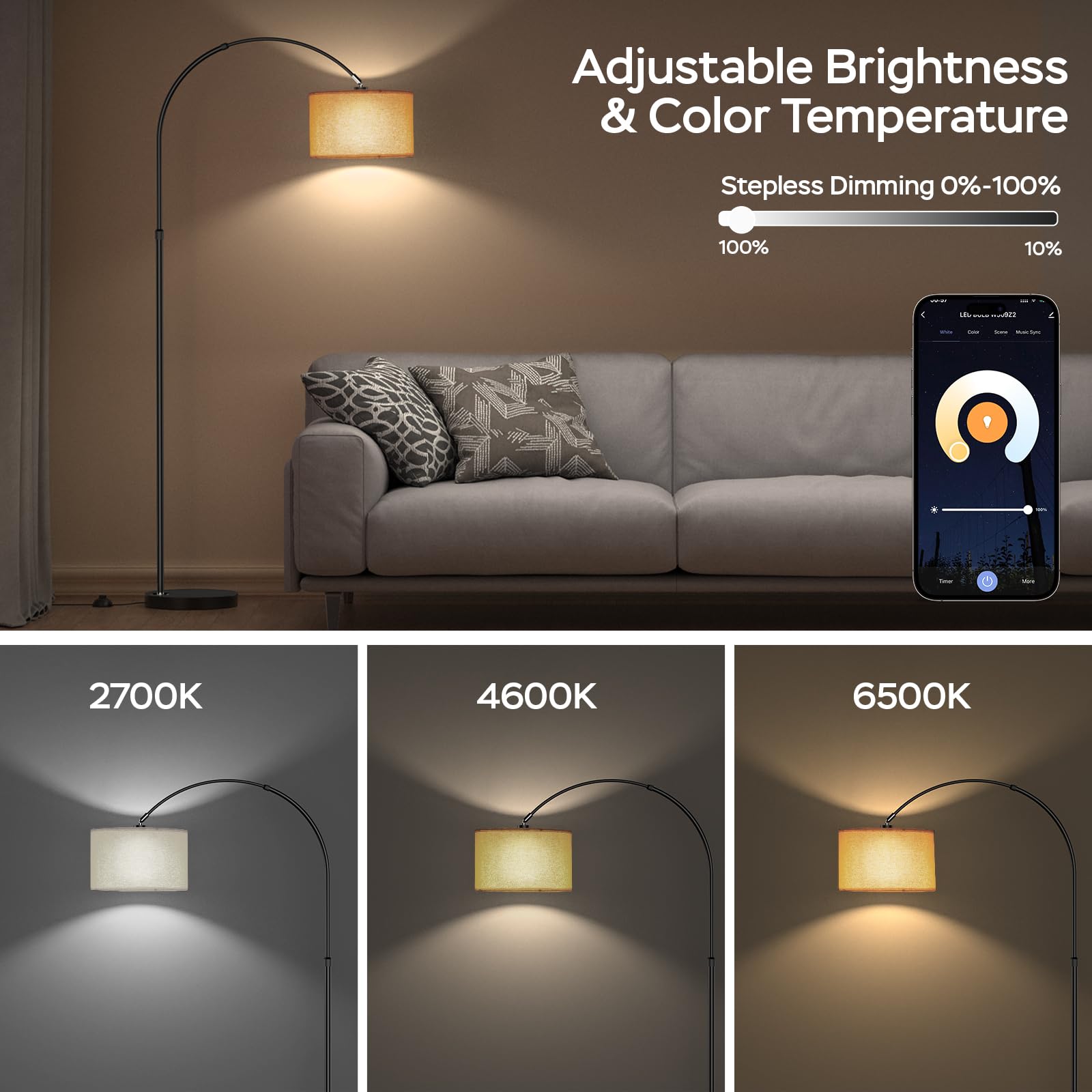 Modlicht Lampada Da Terra Intelligente WiFi Ad Arco 175cm - RGB Dimmerabile 16M Colori, Compatibile Alexa E Google Home, 9W E27 Inclusa