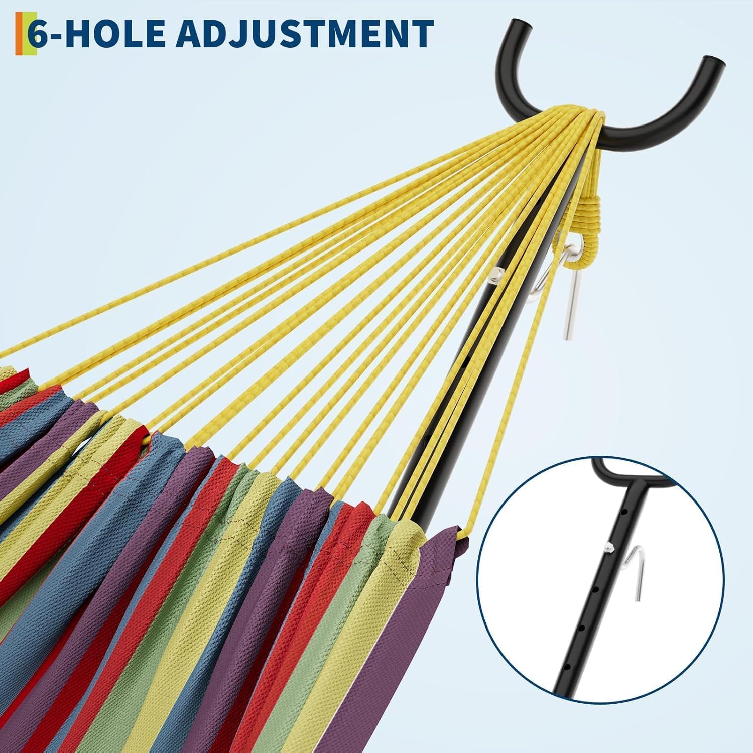 Portable Hammock with Stand for Outside, 450lbs Heavy Duty Camping Hammock, Adjustable Steel Frame & Poly-Cotton Fabric, Carry Bag Included, for Patio, Garden, Backyard, Yellow Rainbow Stripes