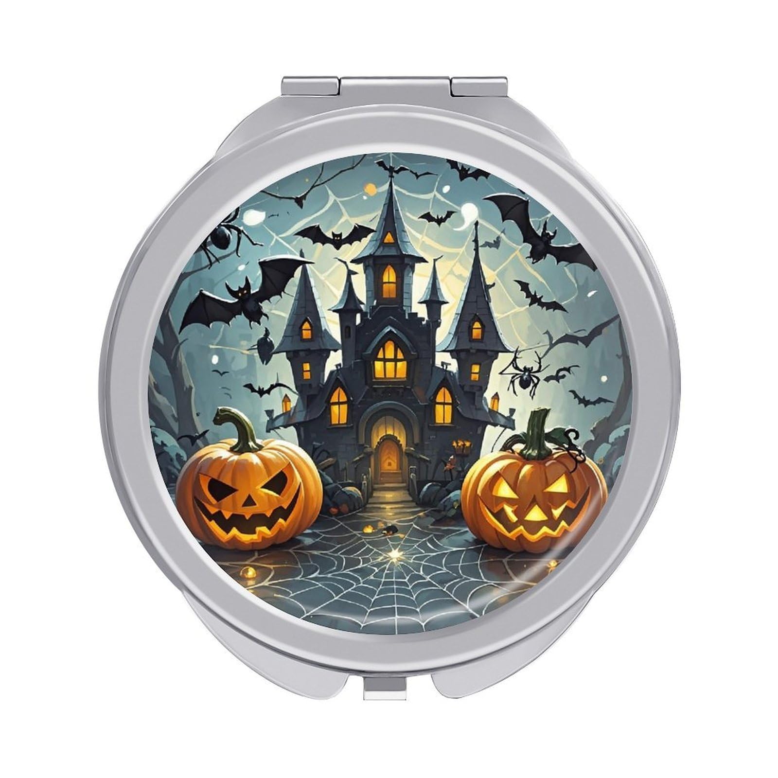 FekiLoot Pumpkin Lantern Castle Travel Makeup Mirror for Women Folding Portable Hand Compact Mirrors Small Round Vanity Mirror 1X/2X Magnifying Metal Pocket Makeup Mirrors