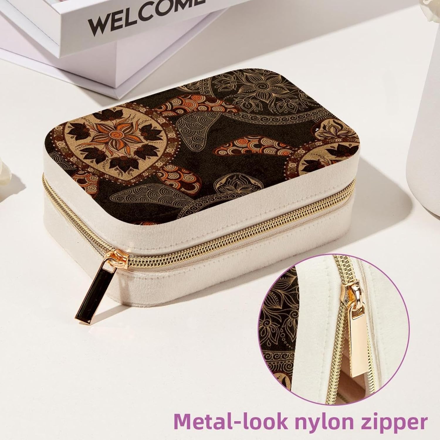 Portable Travel Mini Jewelry Box Velvet Jewellery Ring Organizer Case Turtle Vintage Pattern