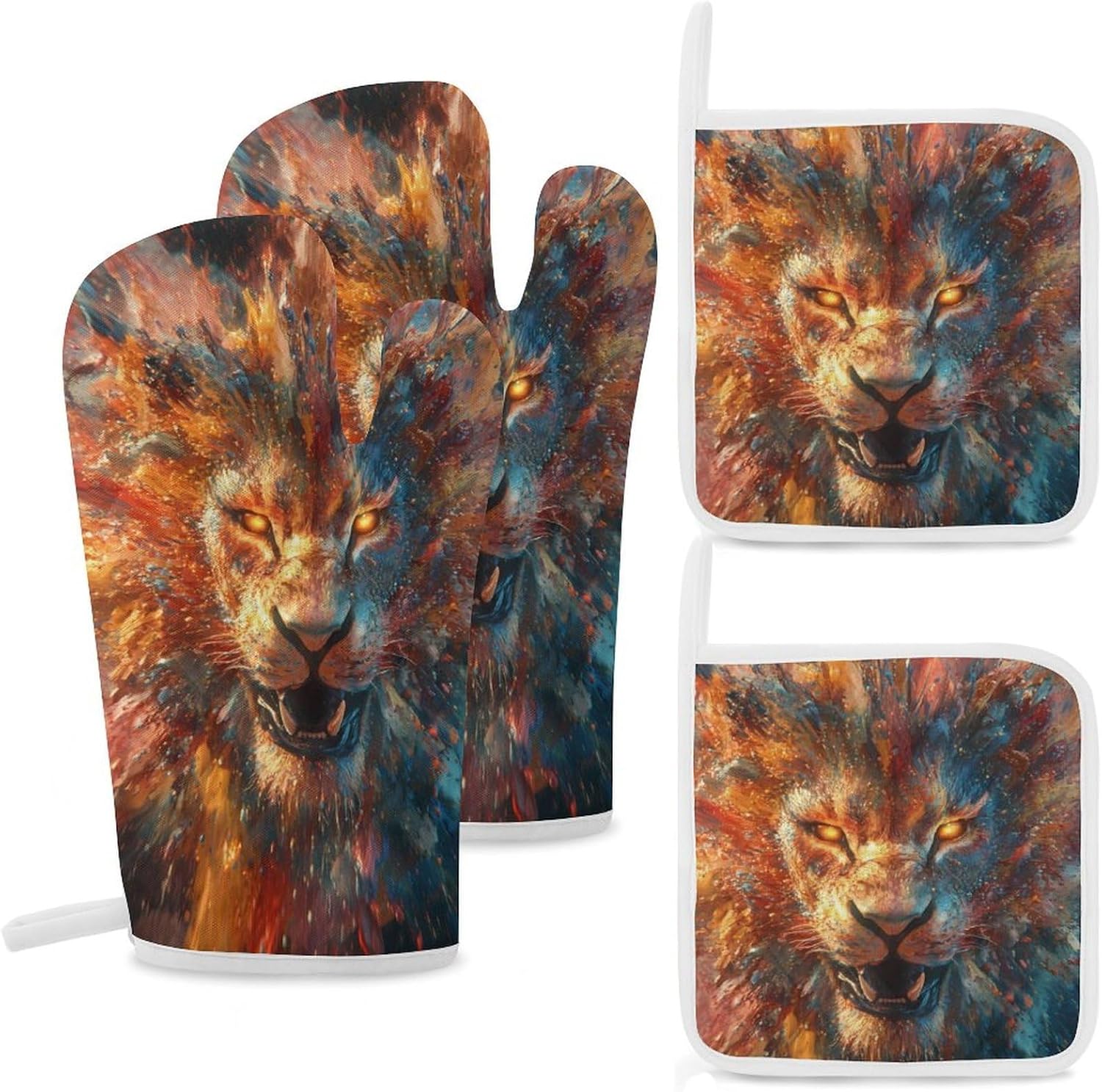 Crazy Roaring Lion Oven Mitts and Pot Holders 4Pcs Set Heat Resistant Cooking Mitts Hot Pads