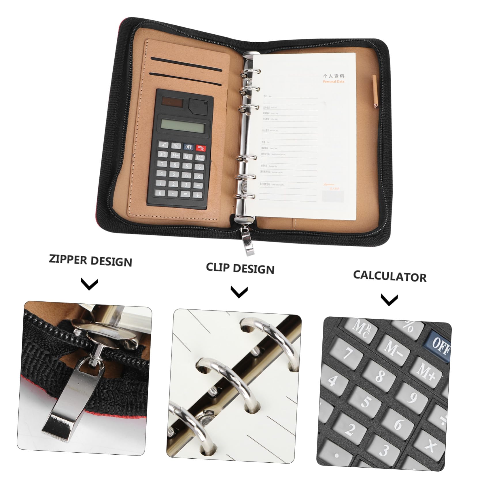 Raccoglitore A6 con Calcolatrice, Copertina in Pelle Sintetica Rossa, Design con 6 Anelli, Tasche Porta Carte e Chiusura con Cerniera per Uso Professionale e Riunioni