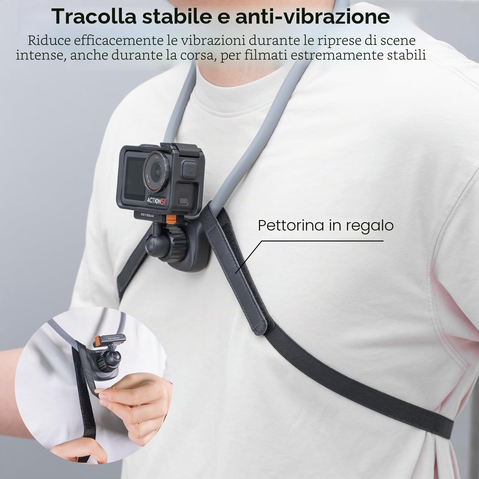 REYGEAK Mount per collo magnetico per DJI Osmo Action, montaggio per action camera POV, montaggio con cintura toracica regolabile compatibile con accessori DJI OSMO 360/Action 5 Pro/4/3