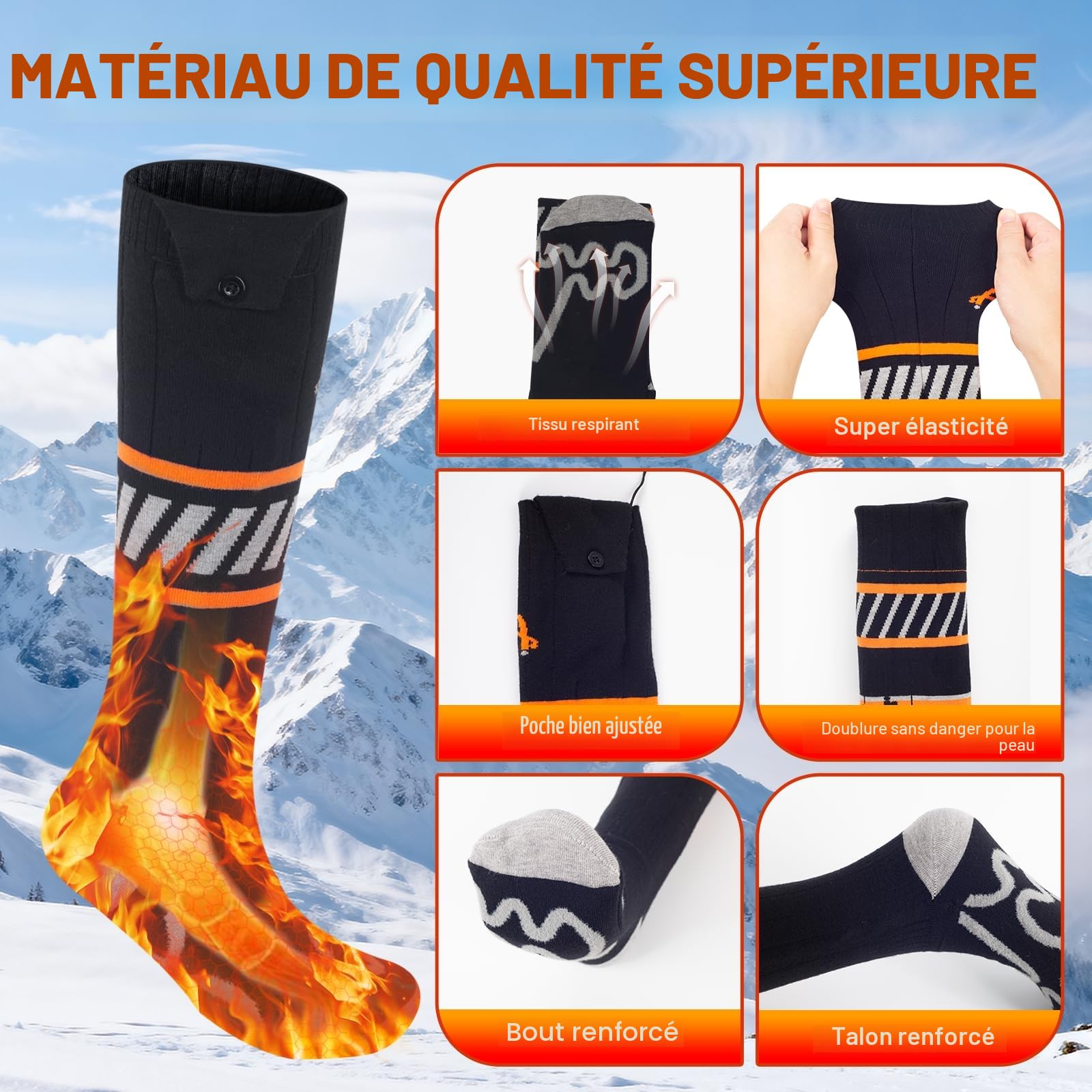 Chaussettes Chauffantes Rechargeables 5V 5000mAh 360° Heating Zone 4 Niveaux de Chauffage Homme Femme