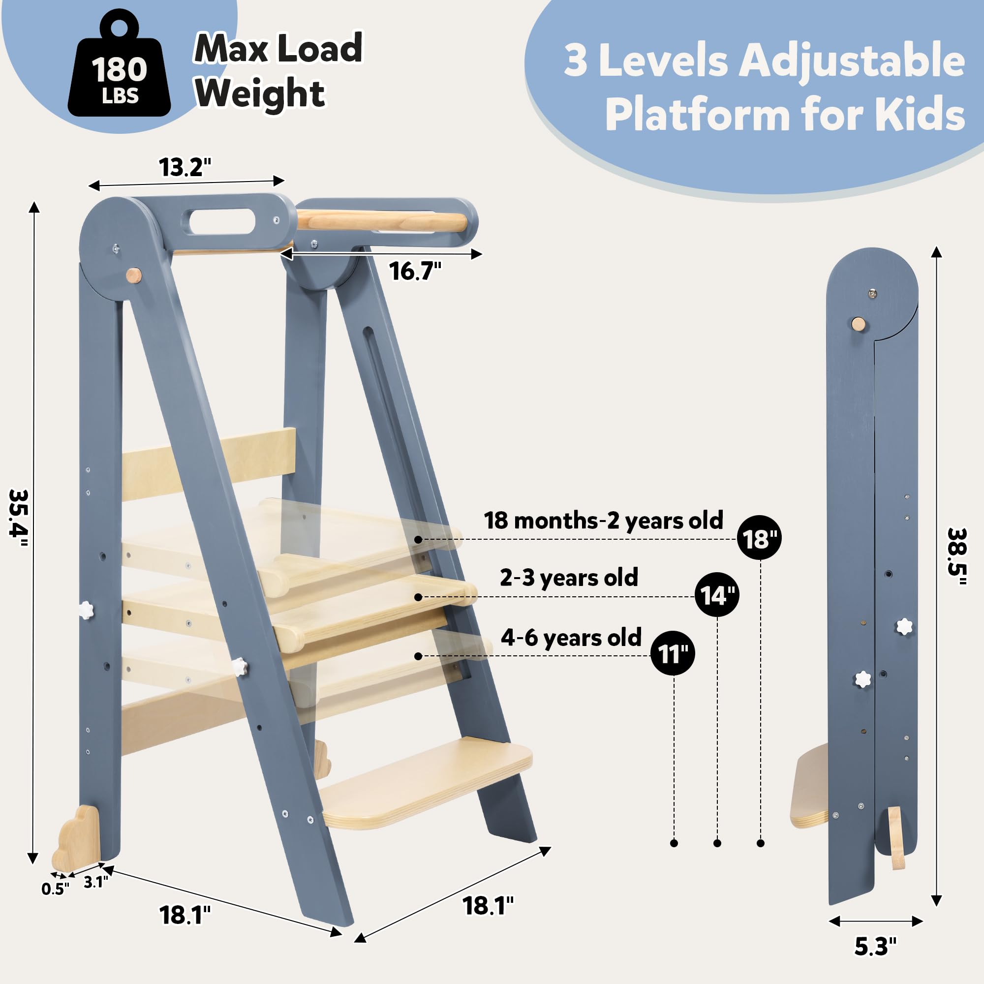 CONKKA Foldable Toddler Kitchen Wood Step Stool with Hook, Pre-Assembled Wooden Folding Montessori Learning Helper for Kids, Standing Tower with 3 Adjustable Height Stepping for Counter Sink-Gray