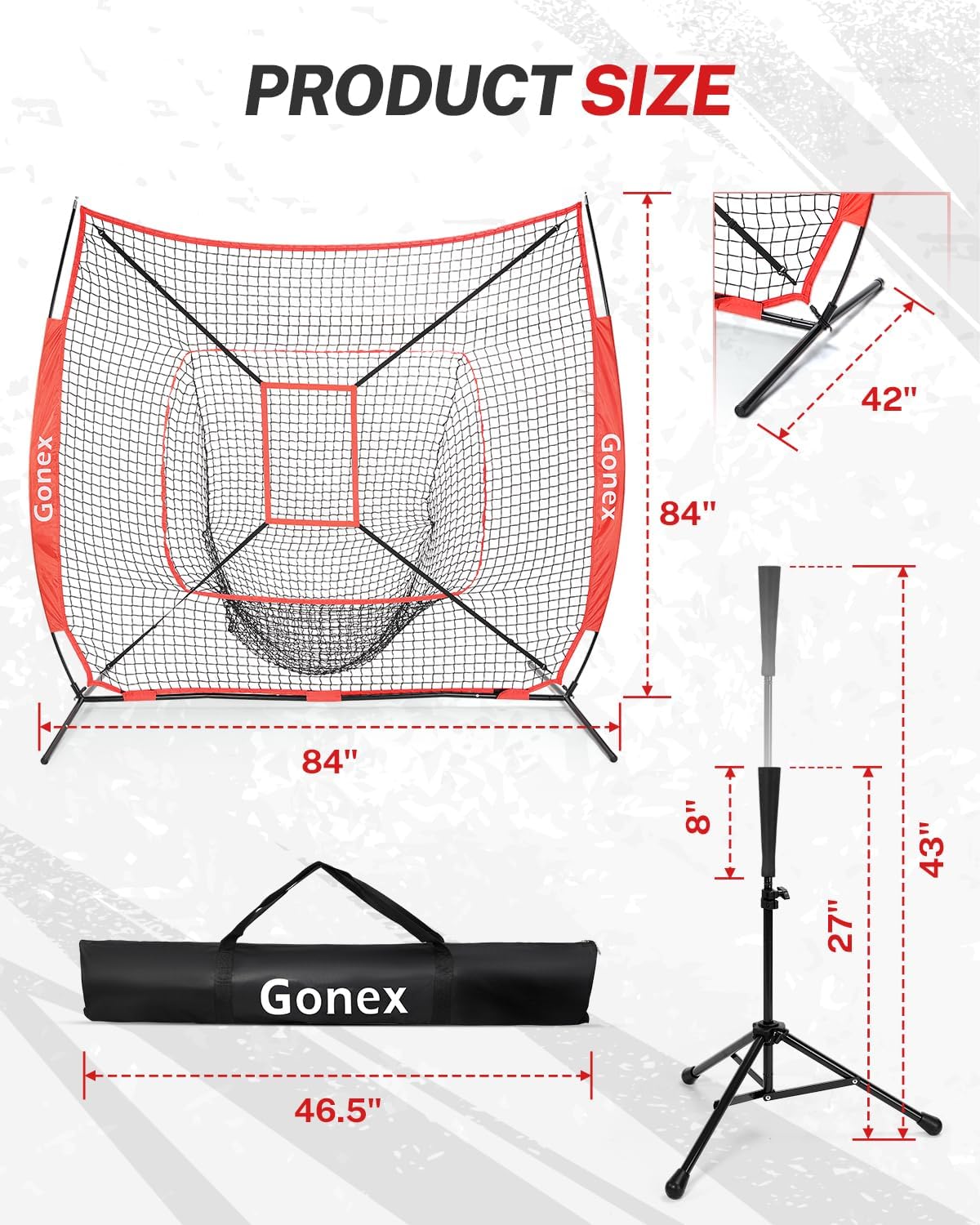 Gonex 7' x 7' Baseball Softball Practice Net Set with Batting Tee for Hitting and Pitching Batting, Practice Training Aid, with Strike Zone, Large Mouth, Bow Frame, Carrying Bag