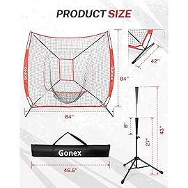 Gonex 7\' x 7\' Baseball Softball Practice Net Set with Batting Tee for Hitting and Pitching Batting, Practice Training Aid, with Strike Zone, Large Mouth, Bow Frame, Carrying Bag, Red