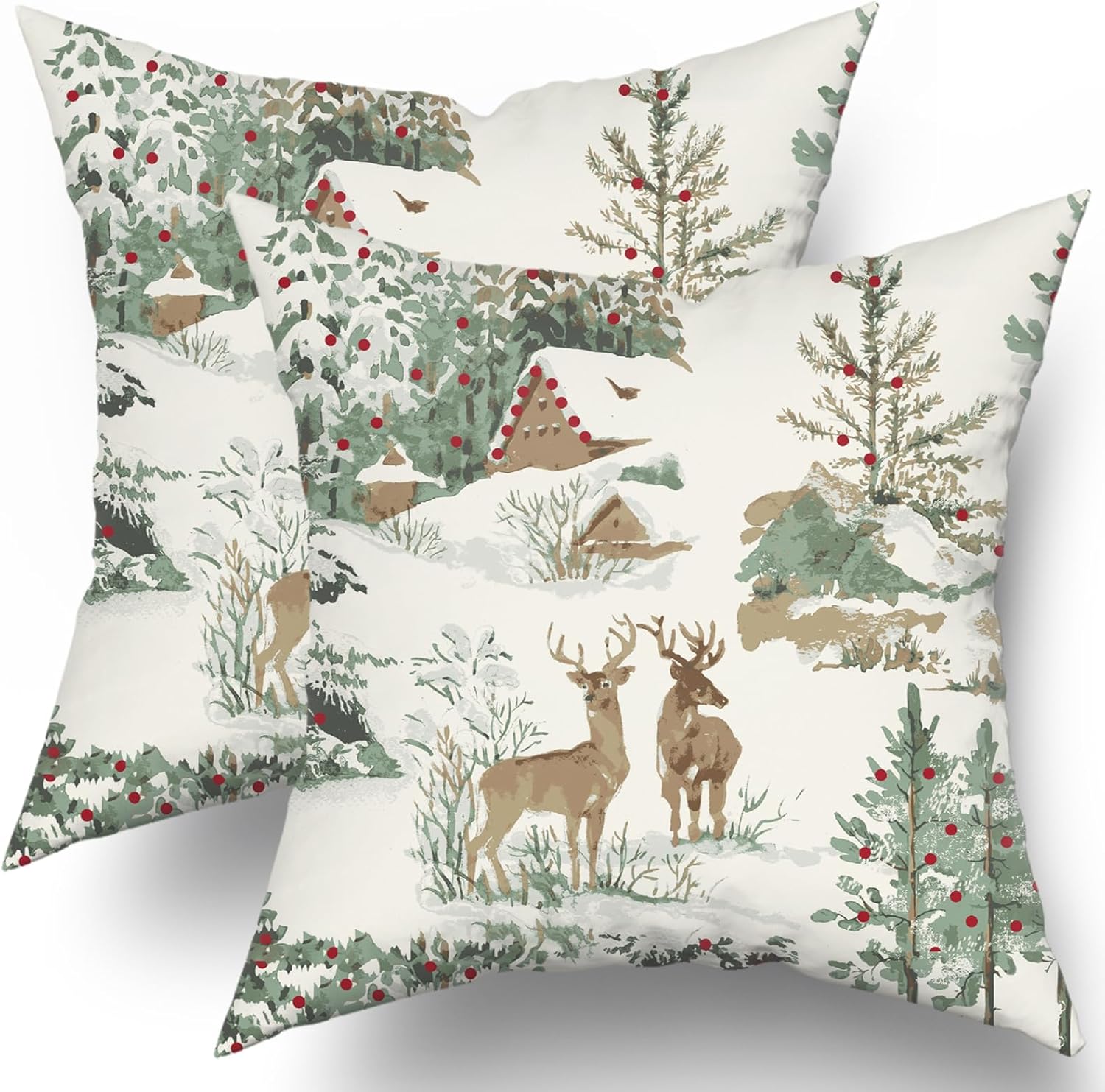 Christmas Pillow Covers 24x24 Set of 2 Xmas Deer Tree Cabin Brown Auqa Rustic Winter Themed Style Forest Print Decorative Outdoor Pillowcases Farmhouse Throw Cushion Case Decor for Couch Sofa Bed