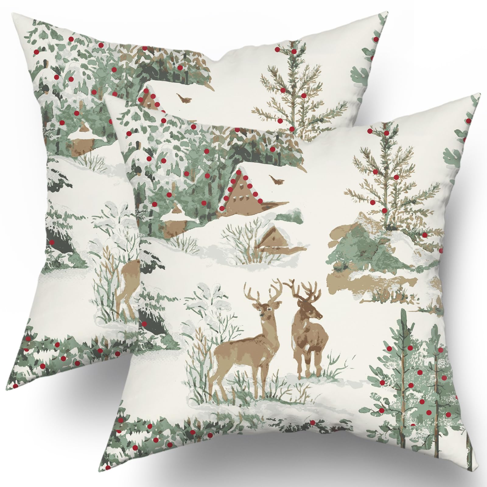 Christmas Pillow Covers 22x22 Set of 2 Xmas Deer Tree Cabin Brown Auqa Rustic Winter Themed Style Forest Print Decorative Outdoor Pillowcases