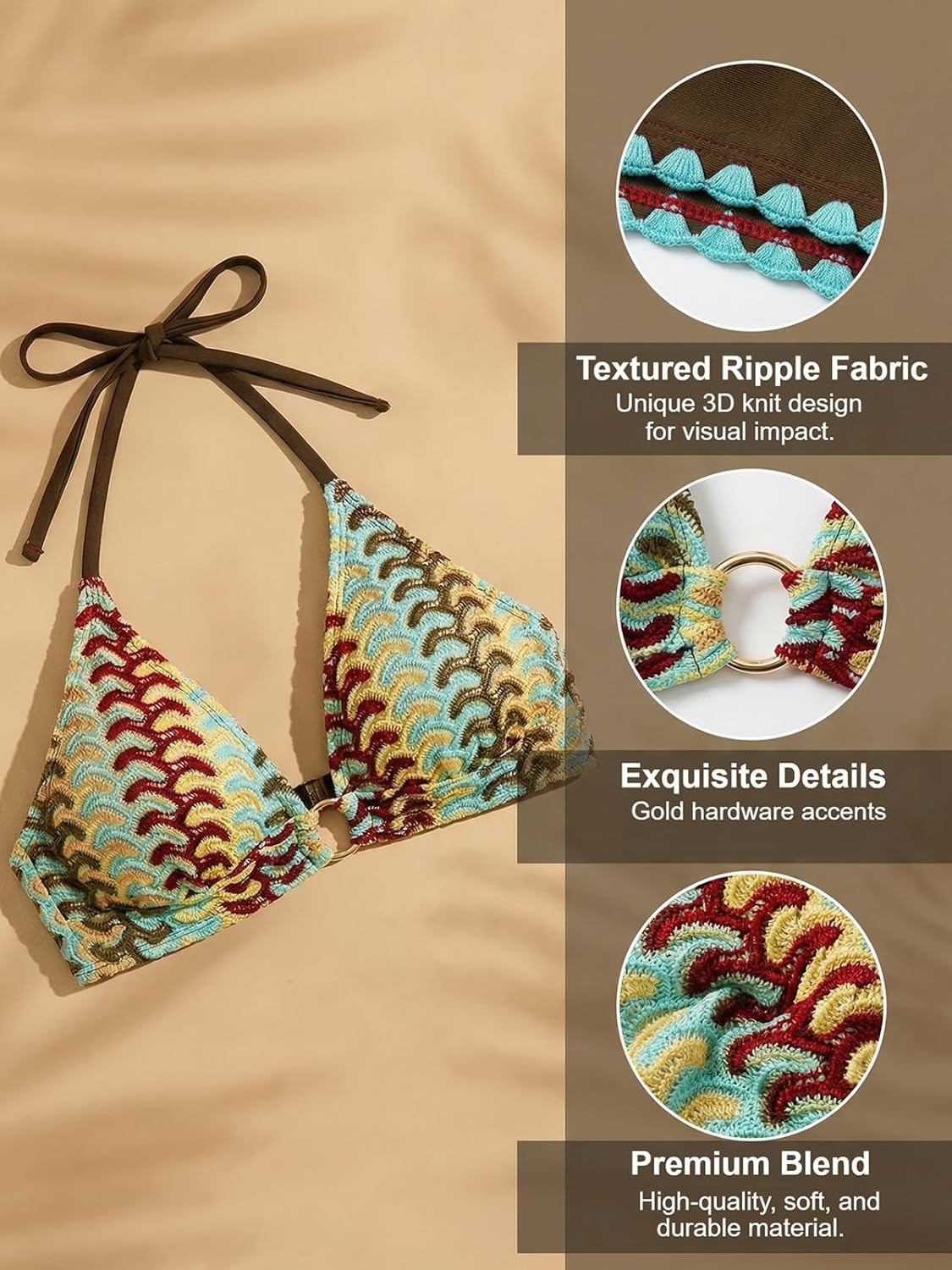 CUPSHE Women's Bikini Set High Waisted Two Piece Swimsuit Color Block Halter Strap Bathing Suit Self tie Textured - Image 4