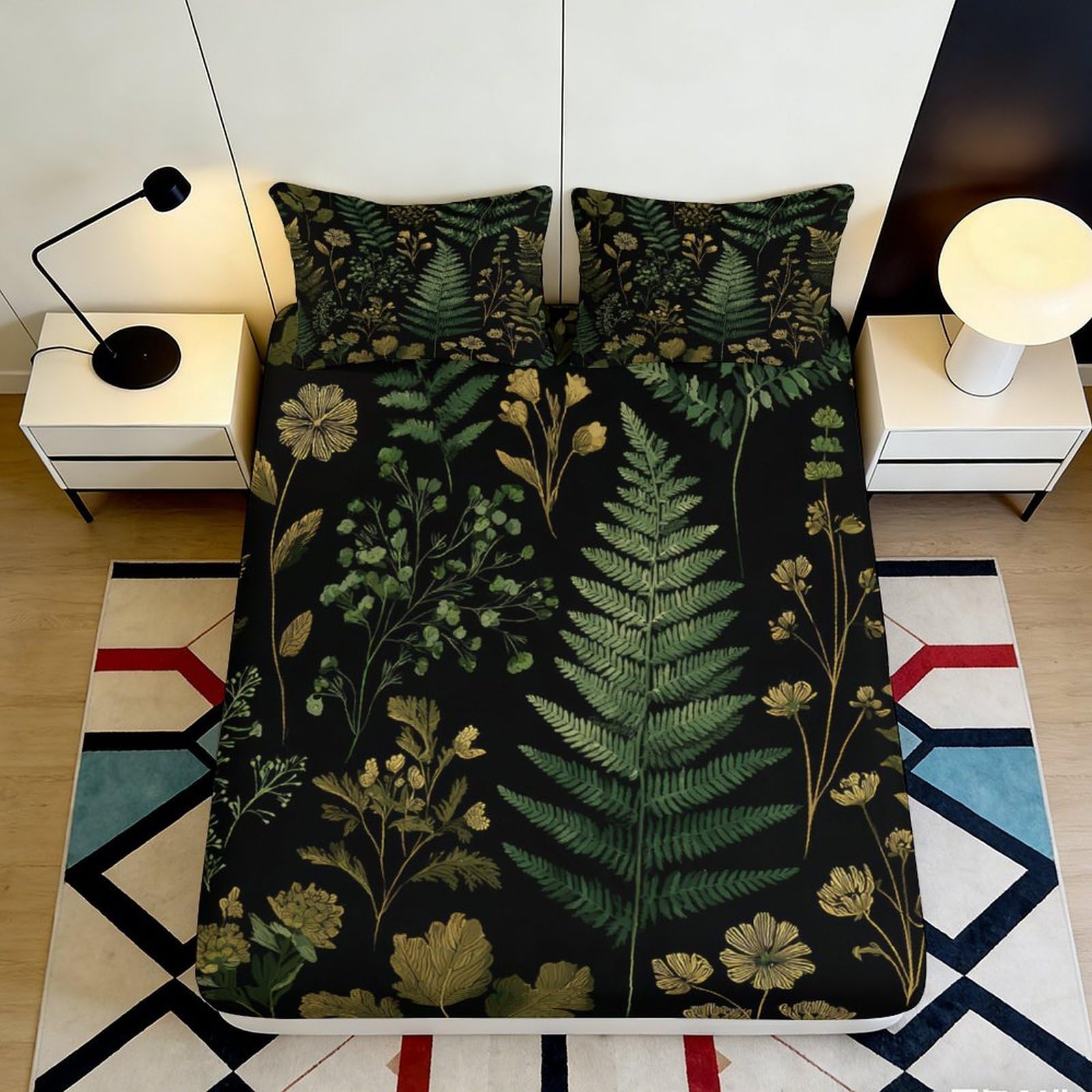 Pnayamiorkfel Style-6 3D Printed Botanical Fern Fitted Sheet Microfiber Soft Black Floral Mattress Cover For Bedroom Guest Room Easy Care 90X200x25cm