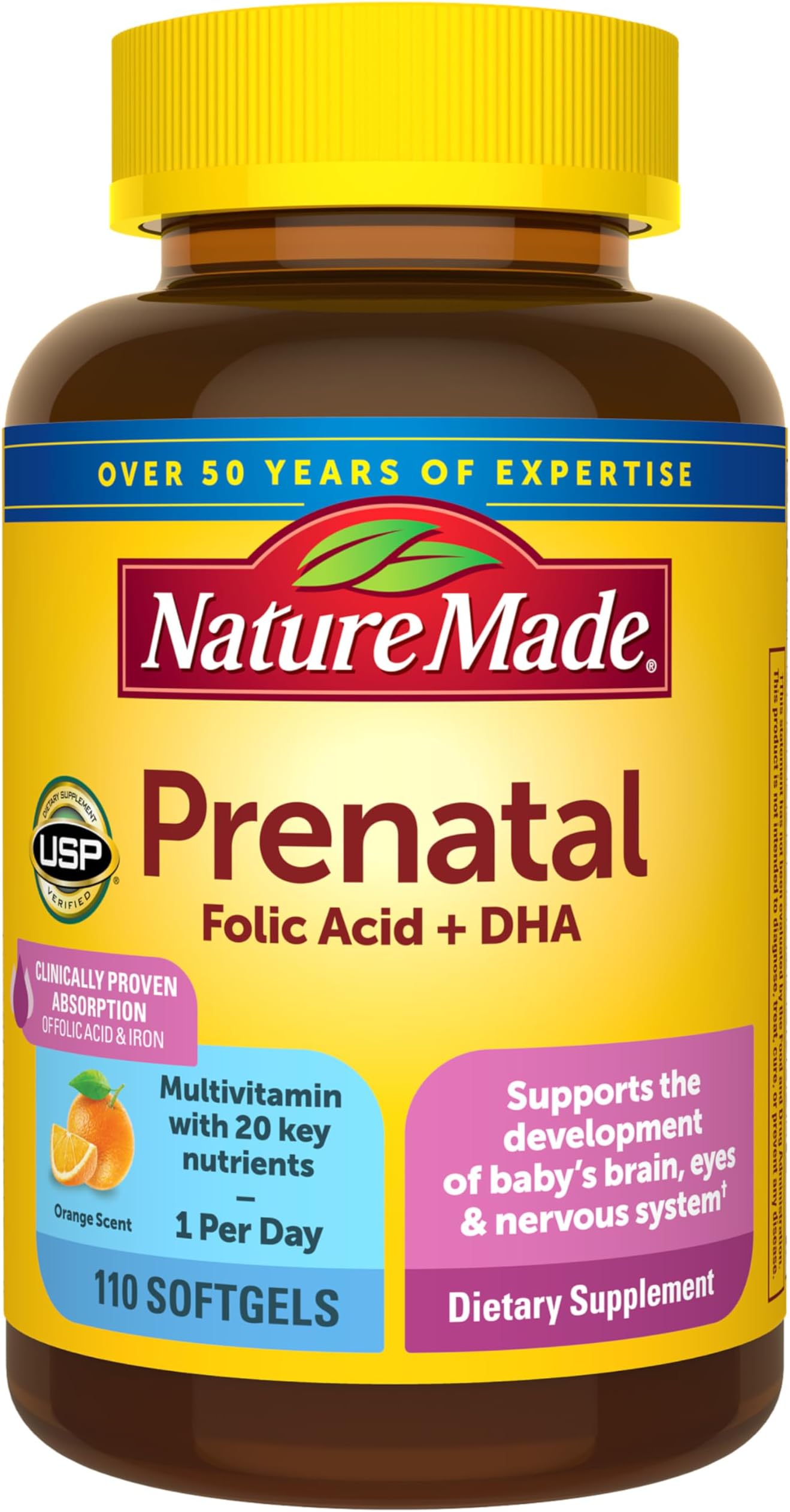 Nature Made Prenatal with Folic Acid + DHA, Dietary Supplement for Daily Nutritional Support, 110 Softgels, 110 Day Supply