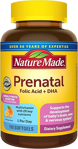 Nature Made Prenatal con ácido fólico + DHA, suplemento vitamínico y mineral prenatal para apoyo nutricional diario, 110 cápsulas, suministro