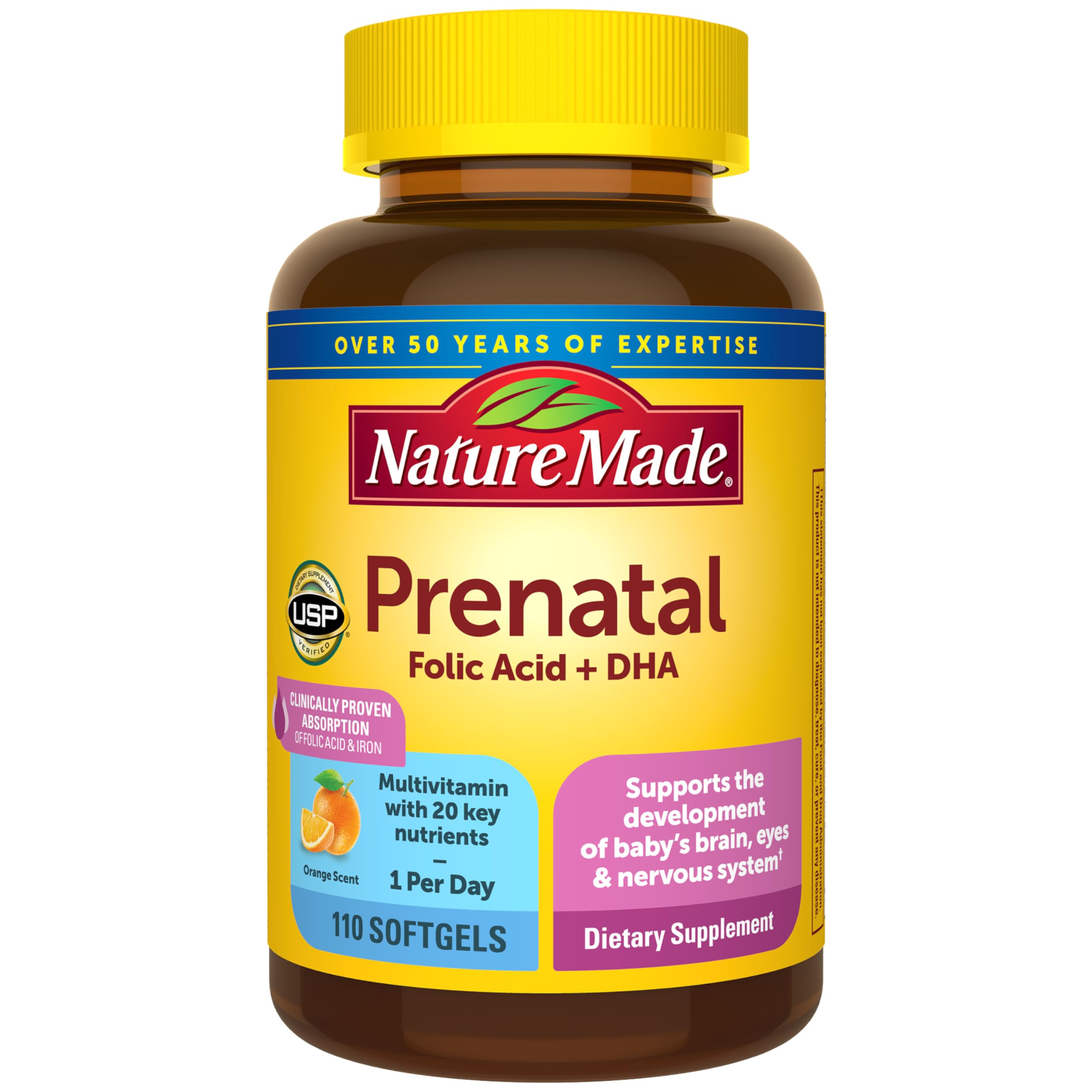 Nature Made Prenatal with Folic Acid + DHA, Dietary Supplement for Daily Nutritional Support, 110 Softgels, 110 Day Supply