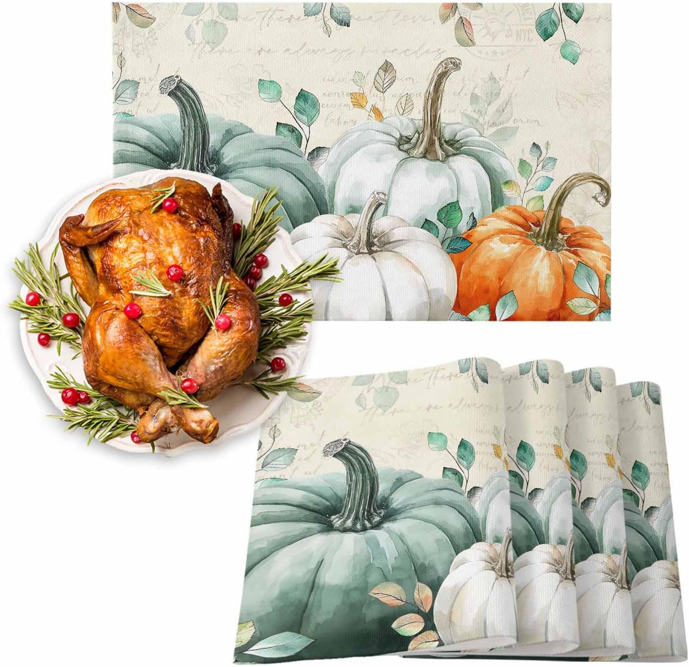 Placemats Fall Thanksgiving Pumpkins Eucalyptus Leaf Table Mats Set of 6, Washable Heat Tolerant Vintage Letter Placemats for Outdoor Party Dinner, Indoor Kitchen Dining,13x19IN