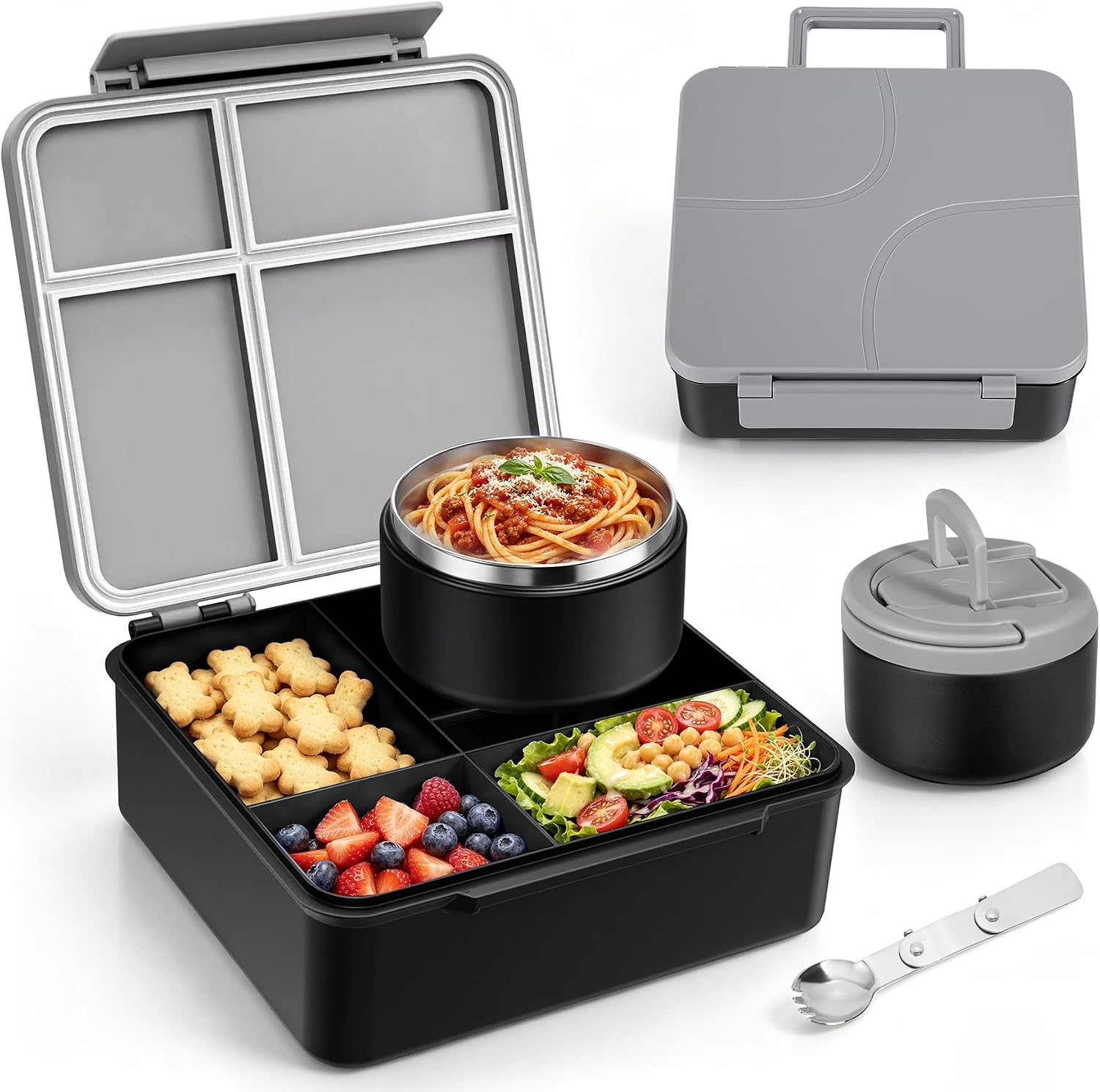 MAXSO Bento Lunch Box Set for Kids with 8 oz Soup Thermo, Leakproof Hot Food Container with 4 Compartments, Insulated Food Jar for Toddler Daycare Boys Girls School - Black