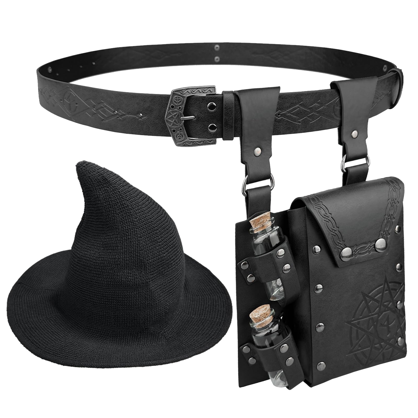 HiiFeuer Medieval Faux Leather Alchemy Set, Witch Pointed Hat for Women Fantasy Wizard Belt with Potion Vials Waist Pouch (Black B) - Image 2