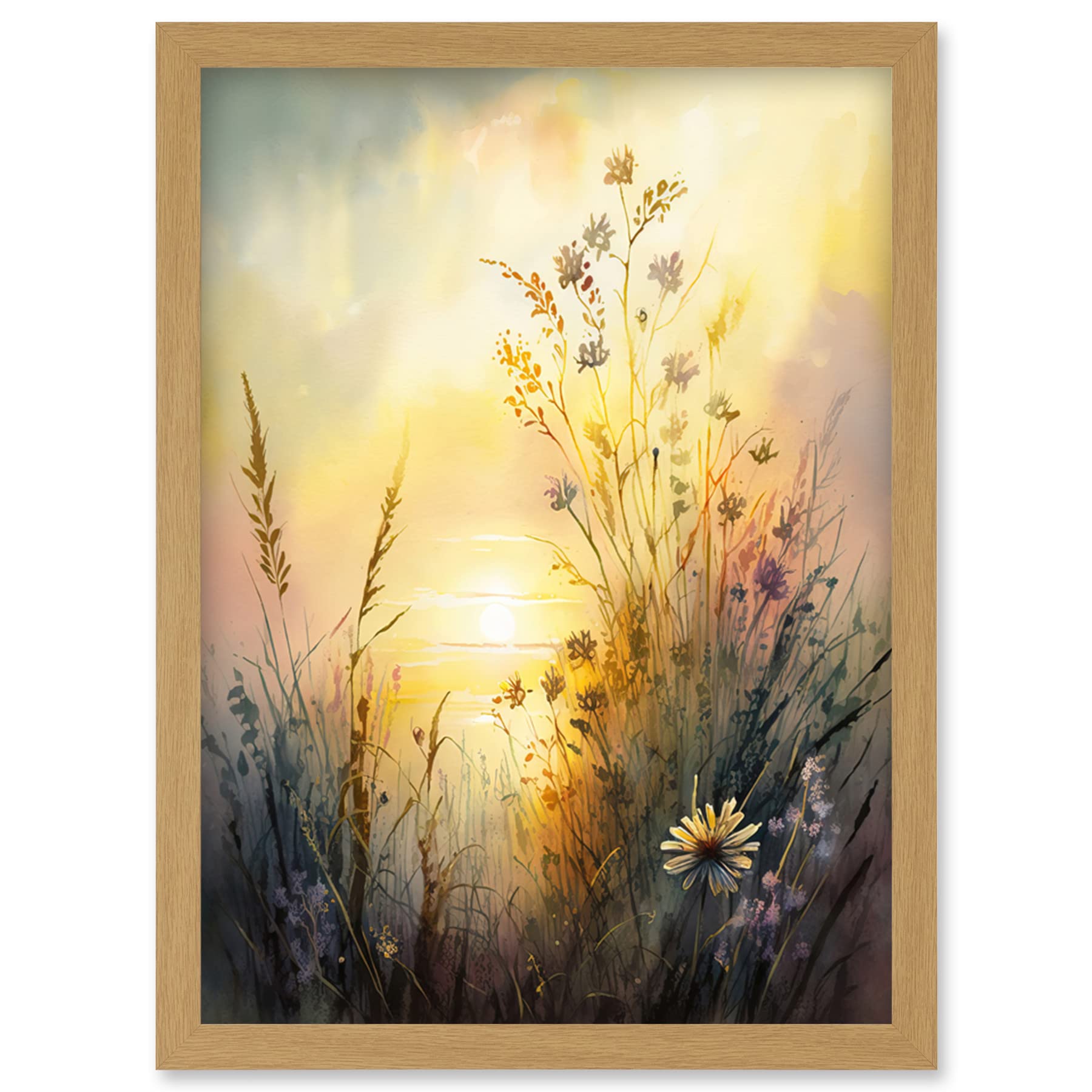 A4 Framed Watercolour Painting Print - Wildflower by Lakeside on a Misty Morning Sunrise - Modern Wall Art