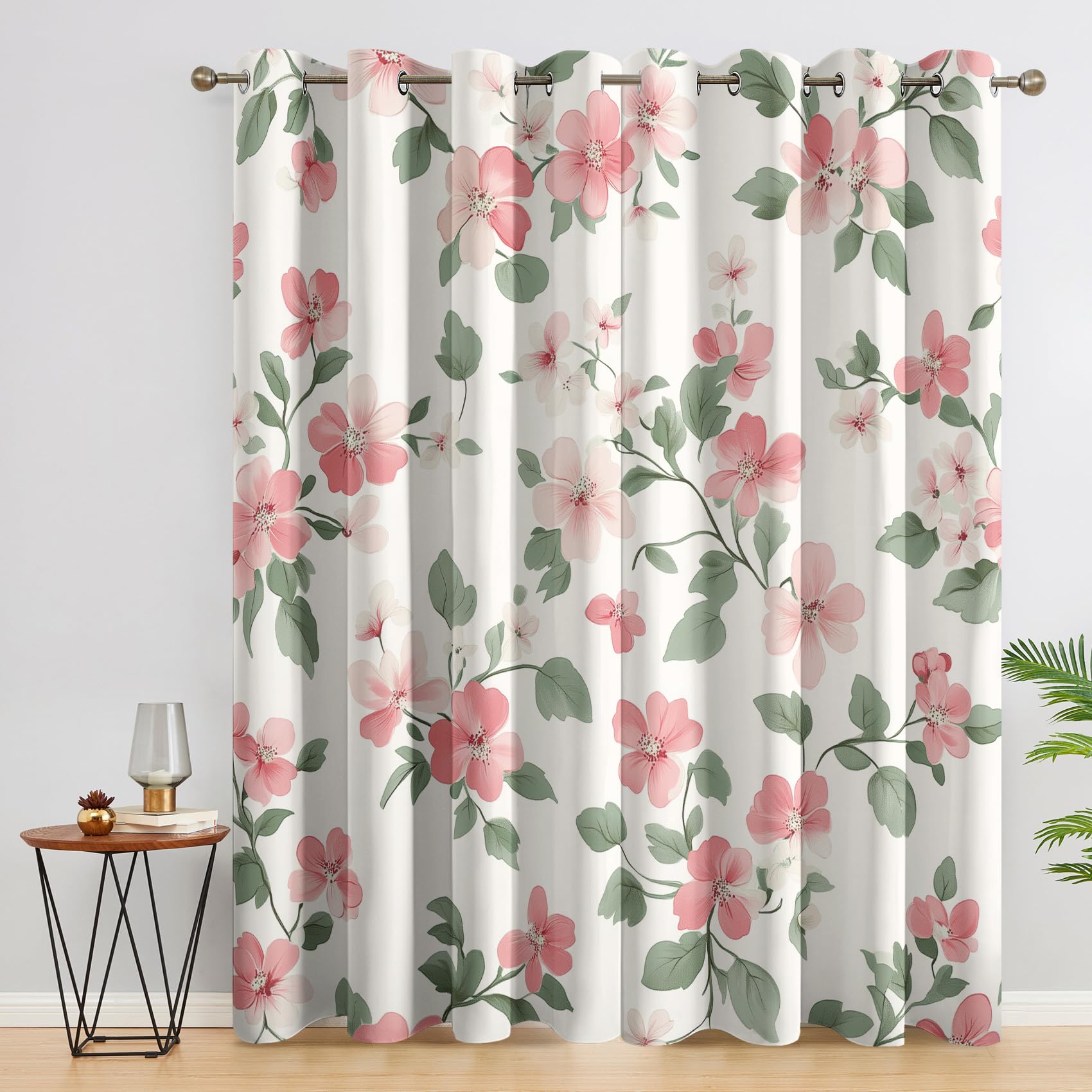 Vintage Floral Curtains Bedroom, 46 x 90 - Flower Botanical Blackout Curtains & Decor, Living Room, Eyelet Patterned Window Drapes, 90 Inch Drop 2 Panels （HEW224）