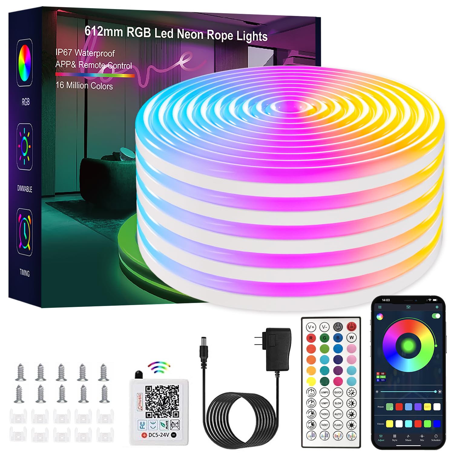 Photo 1 of ****PARTS ONLY ** YILINM LED neon Lights,50FT RGB Neon Rope Lights,with Remote Control/APP Control,Music Sync,Timer Function,IP67 Waterproof Flexible Neon Strip Lights,for Bedroom Gaming Outdoors Decor