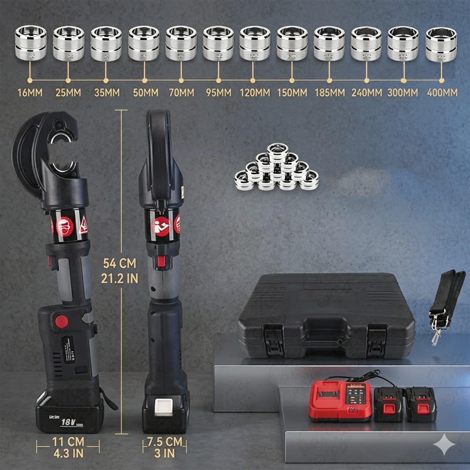 Elektryczne hydrauliczne narzędzie do zaciskania – zaciskarki kablowe 120 kN z 12 matrycami do drutu 6-400 mm², zawiera szczypce do drutu 2,8 m, zestawy maszyn do wydajnego zaciskania