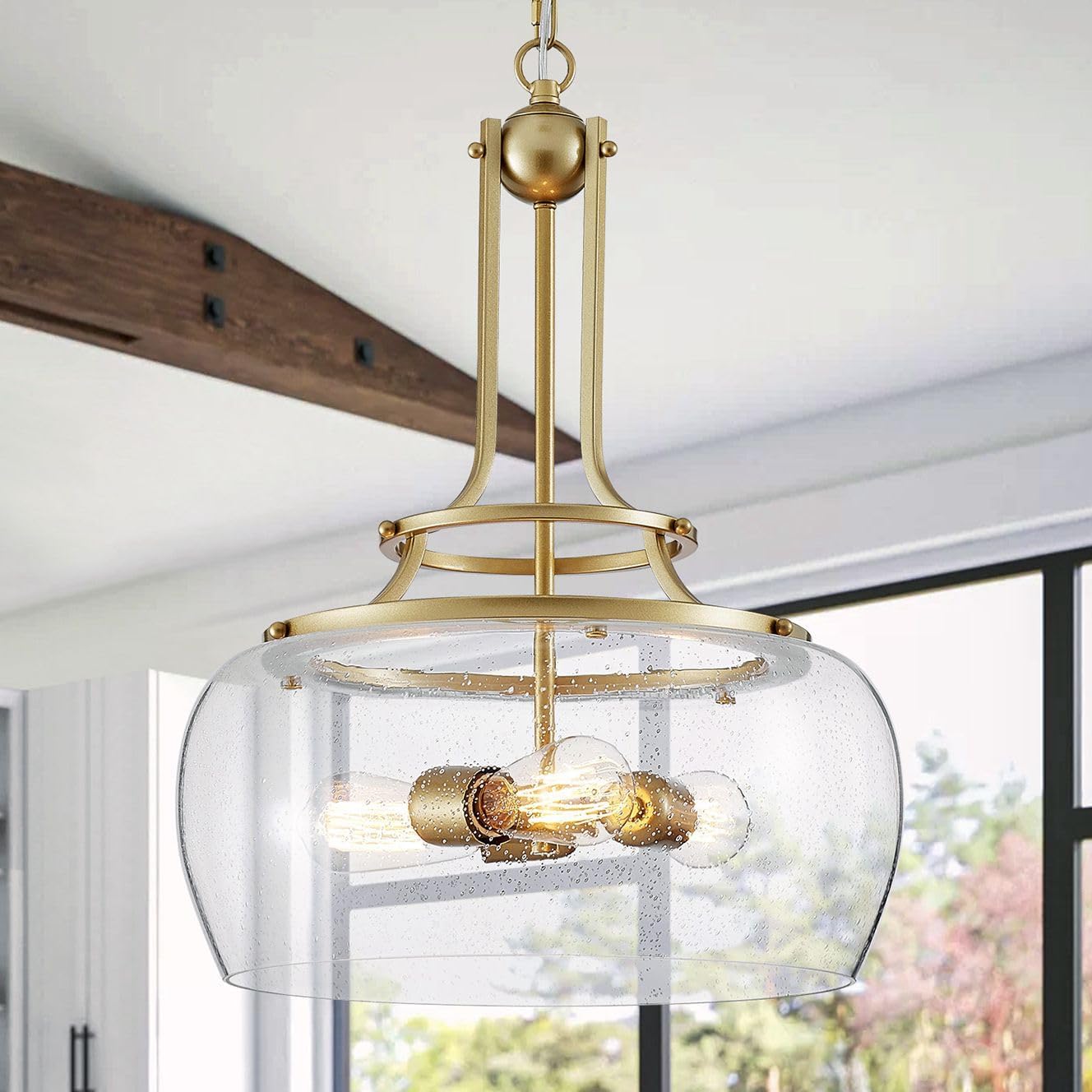 WUZUPS Chandelier Rustic Farmhouse Industrial Round Ceiling Pendant LED Light Fixture Clear Seeded Glass Shade for Dining Room Kitchen Island Foyer Entryway, H 20.9" x W 15.9", Gold Pendant Light, Gold, 3-Light