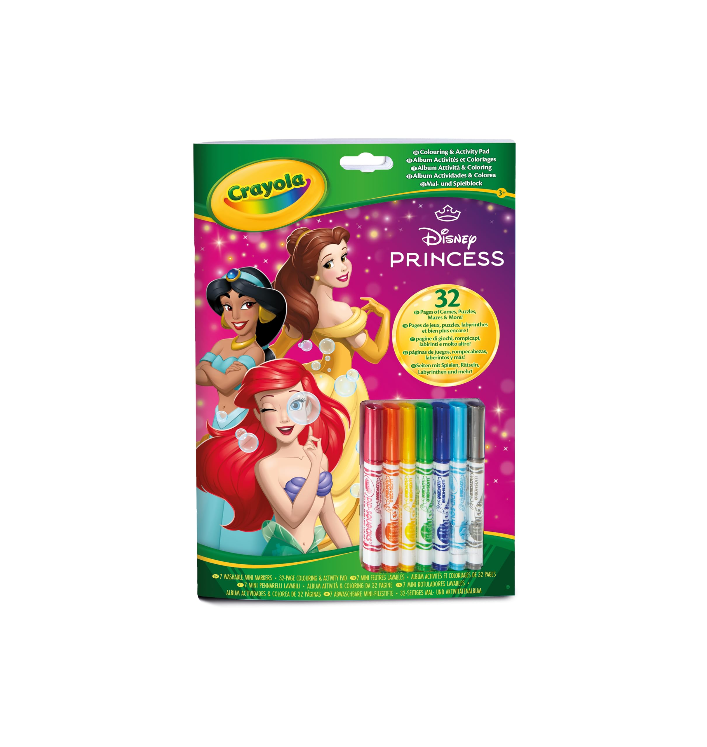 CRAYOLA - Album aktywność i kolorowanie Disney Princess, 32 strony do kolorowania i 7 zmywalnych mini flamastrów, 5807G